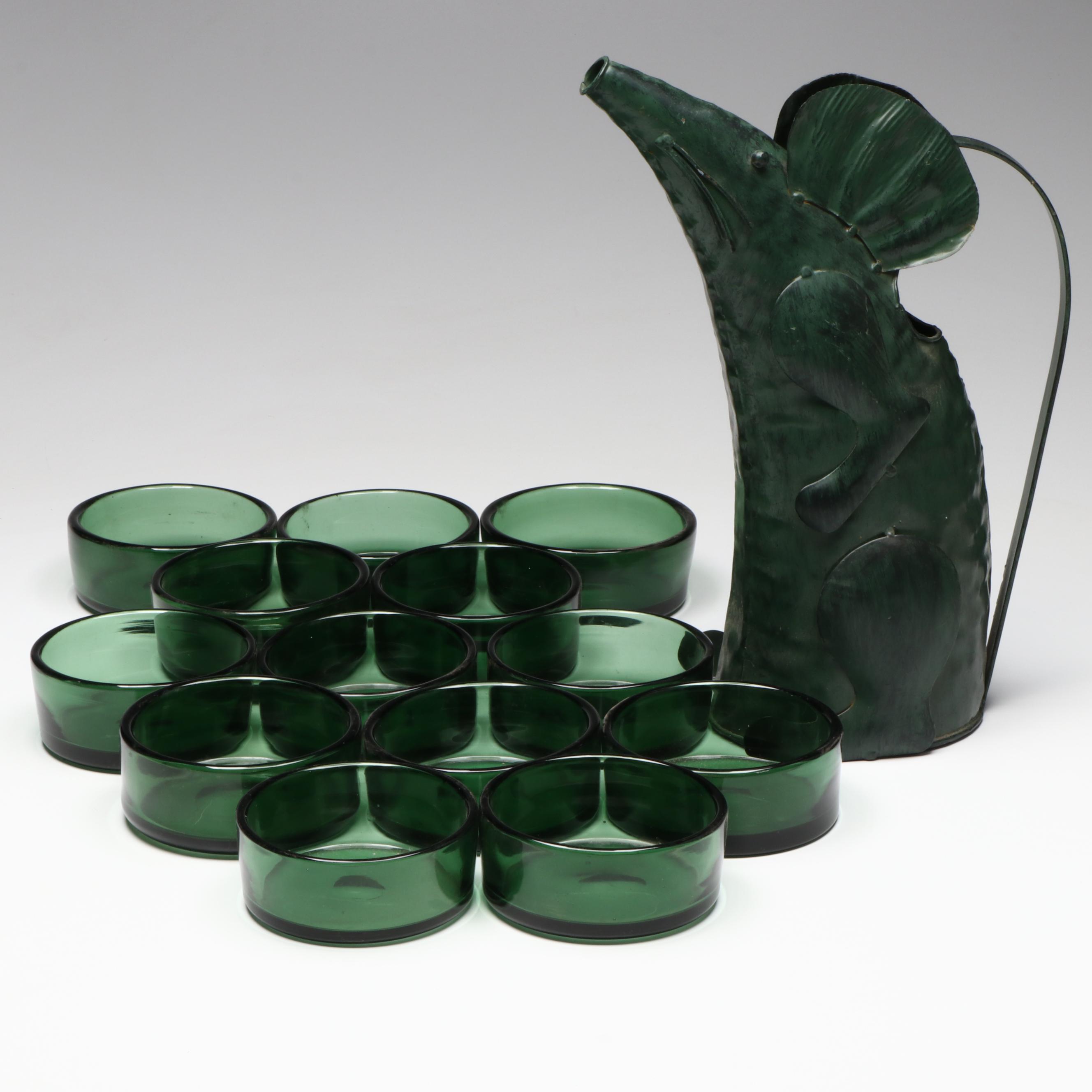 Green Glass Ramekins or Bowls with Green Metal Rat Pitcher