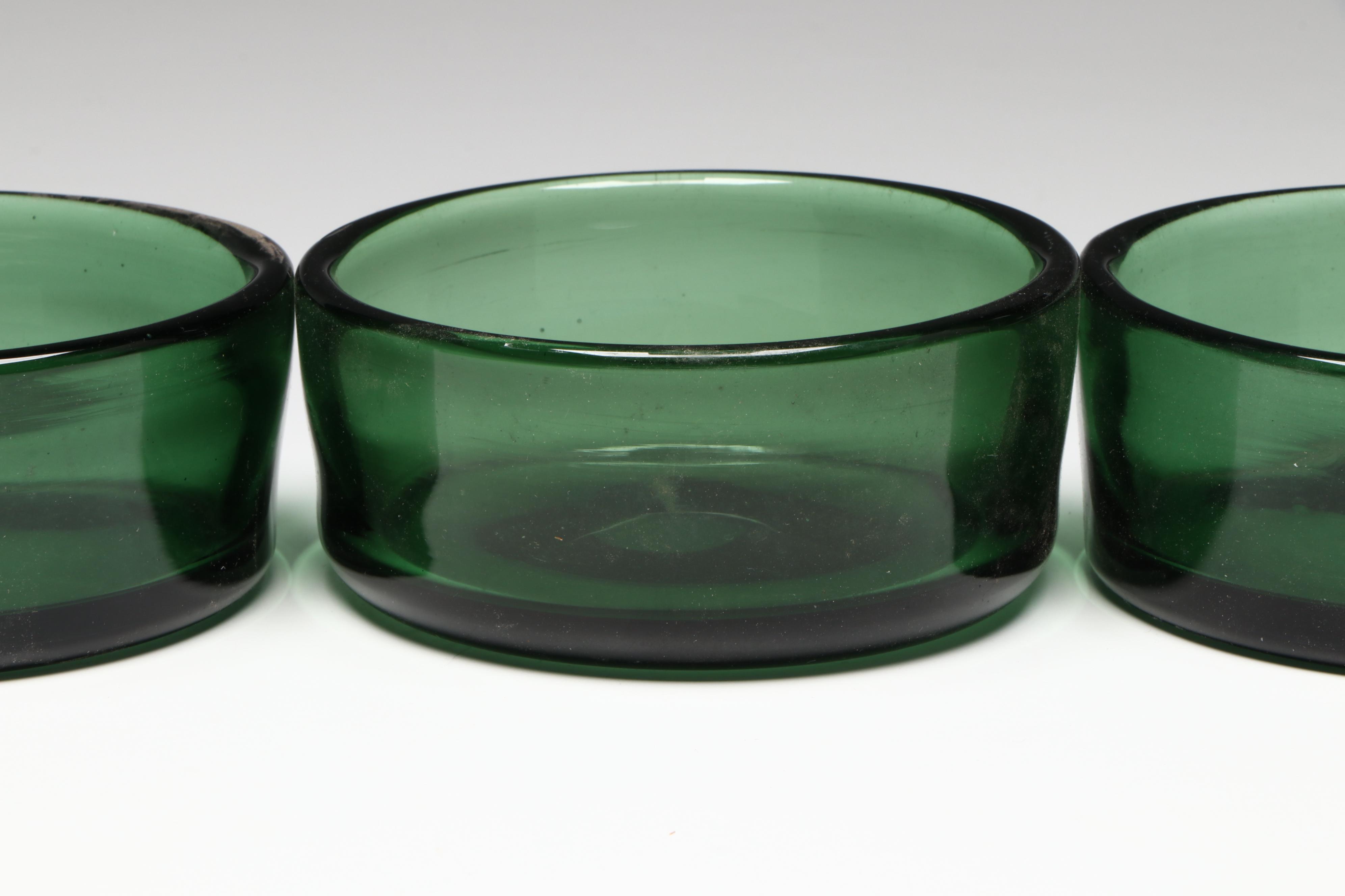 Green Glass Ramekins or Bowls with Green Metal Rat Pitcher