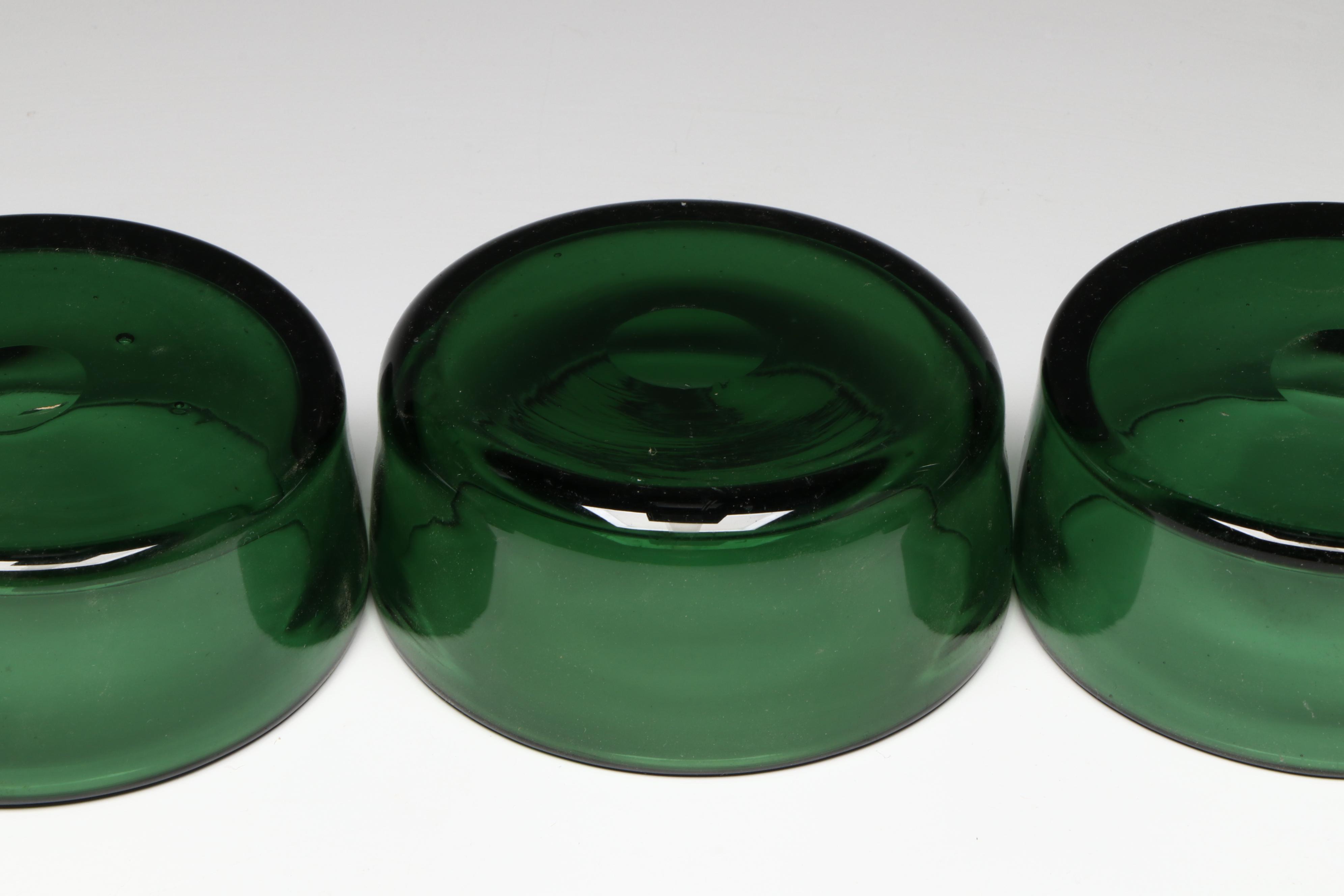 Green Glass Ramekins or Bowls with Green Metal Rat Pitcher