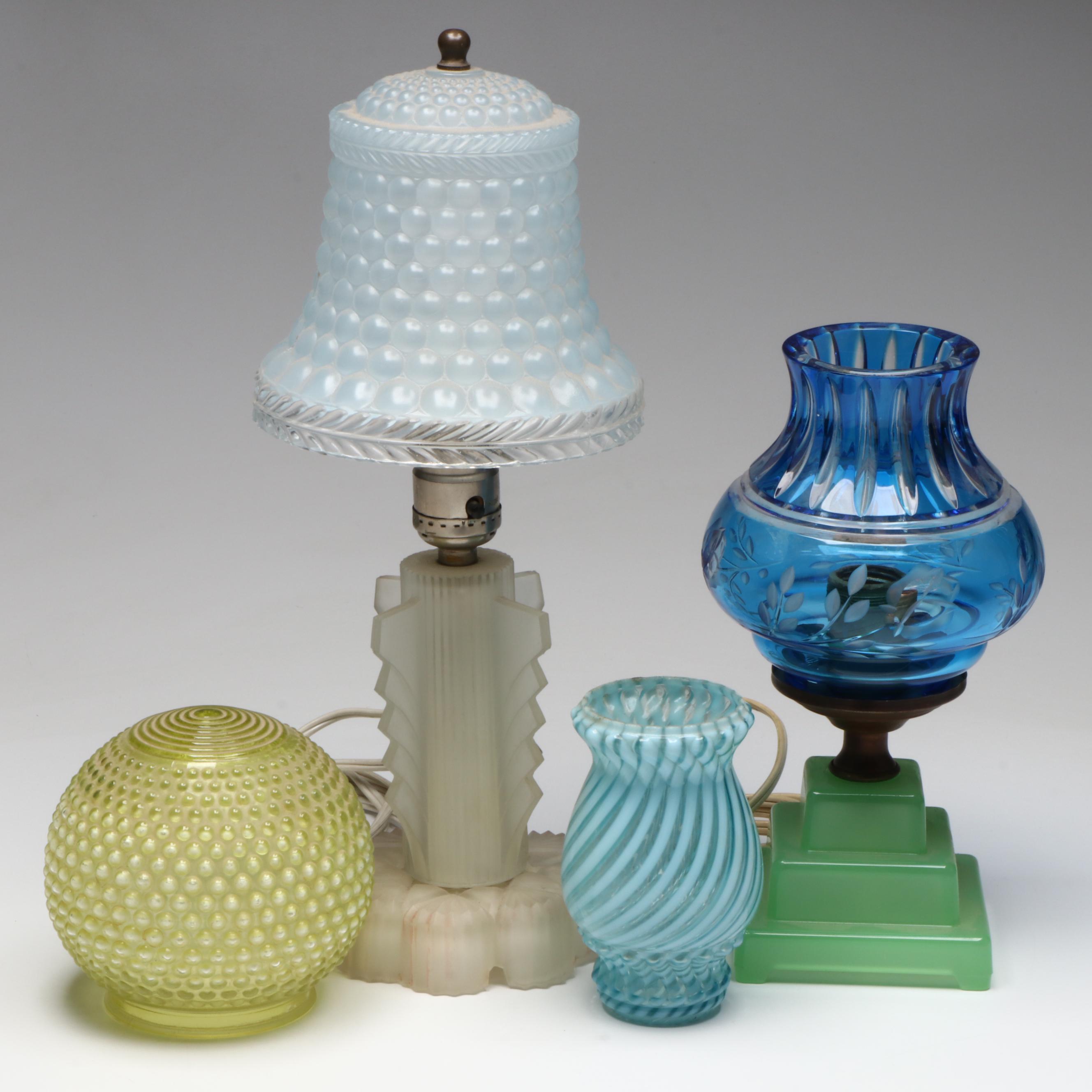 Art Deco Torpedo Satin Glass & Jadeite Glass Lamps, Hobnail & Other Shades
