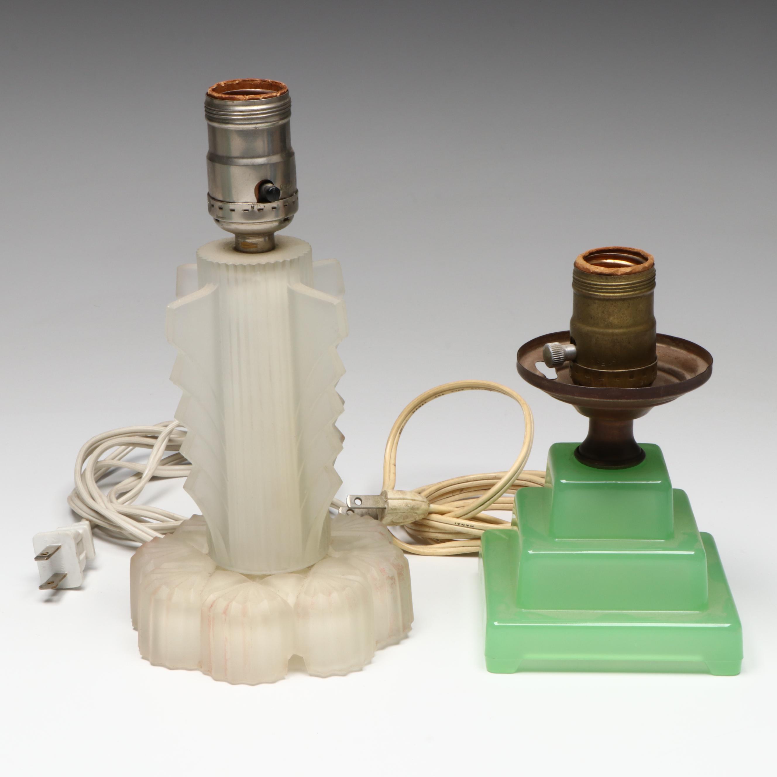 Art Deco Torpedo Satin Glass & Jadeite Glass Lamps, Hobnail & Other Shades