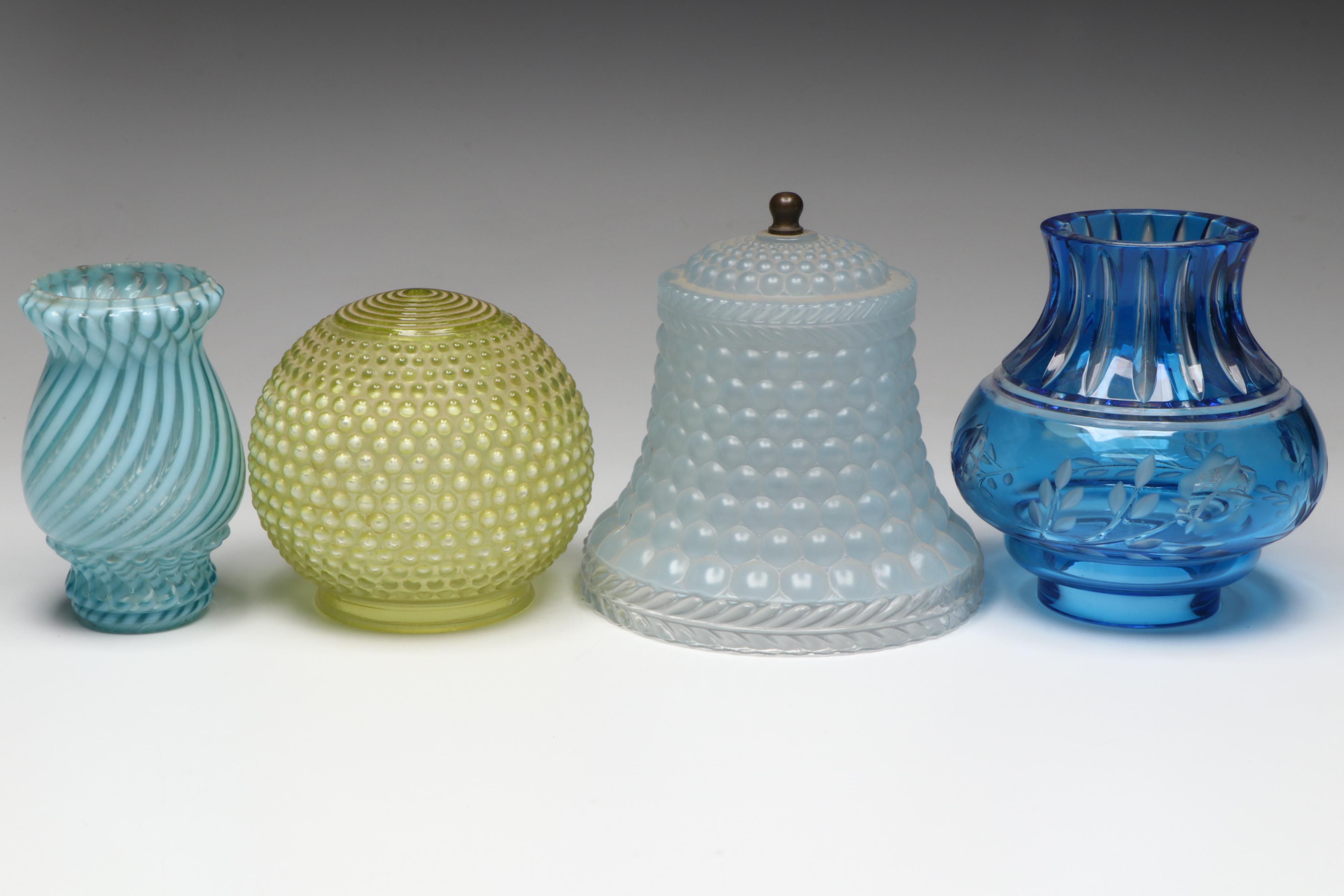 Art Deco Torpedo Satin Glass & Jadeite Glass Lamps, Hobnail & Other Shades