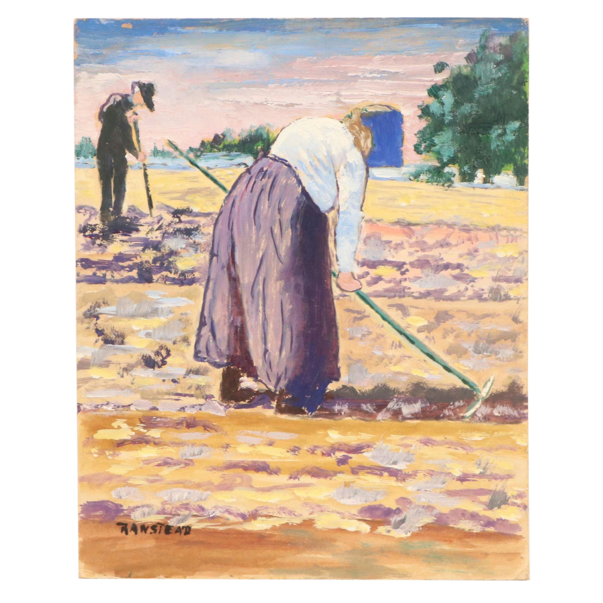 Gladys Pearl Ranstead Figural Rural Landscape Oil Painting, Late 20th Century