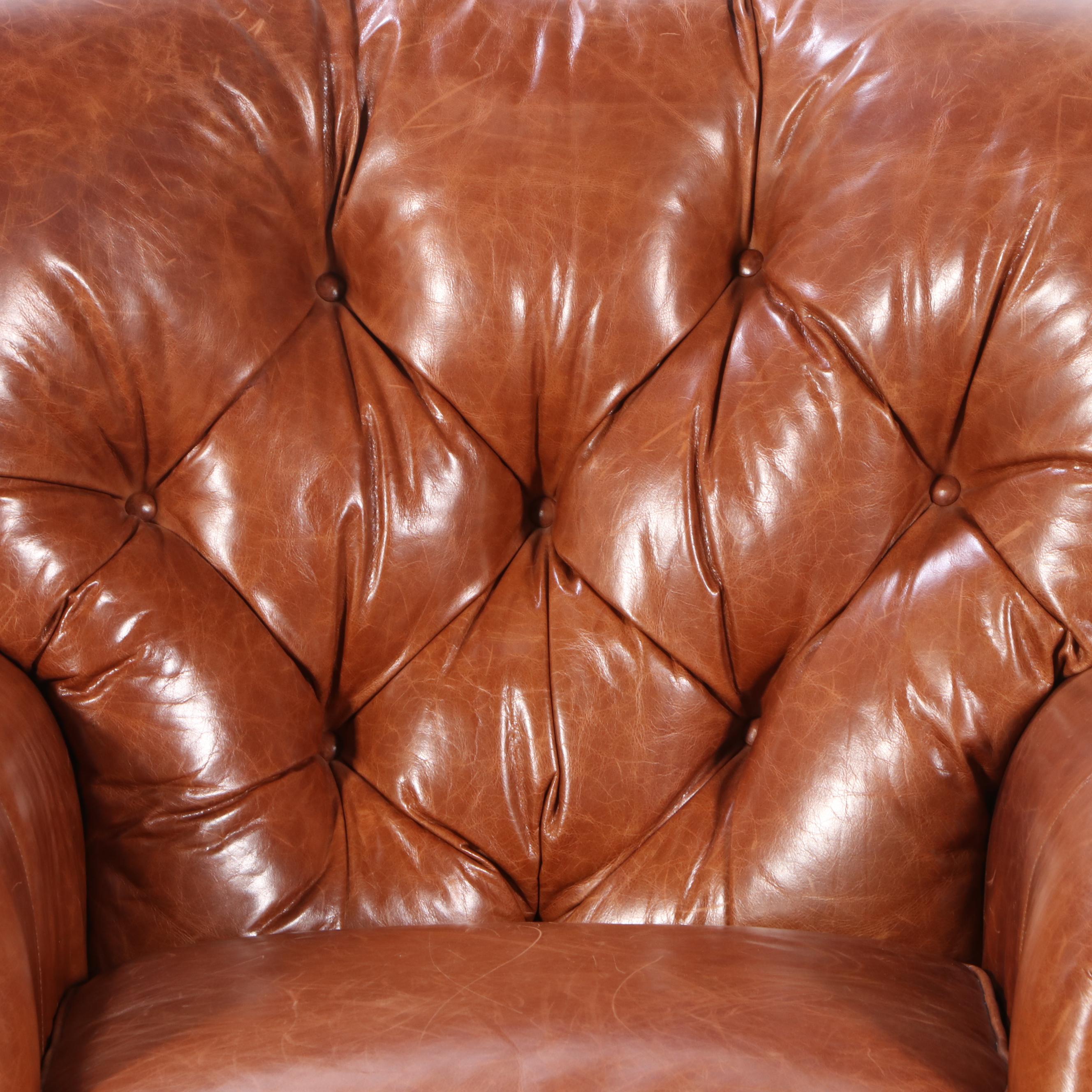 Arhaus Furniture Buttoned-Down Leather Easy Armchair and Ottoman