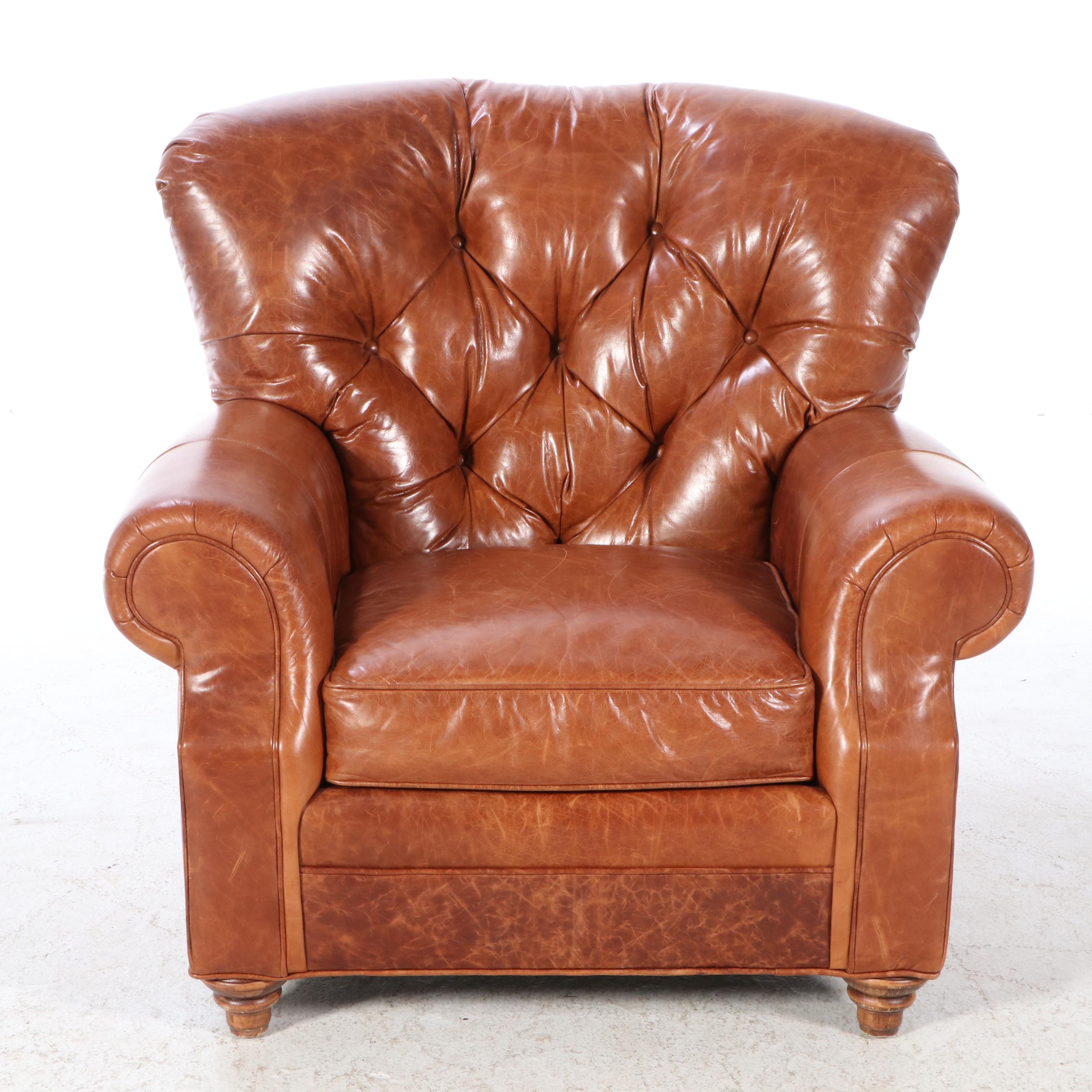 Arhaus Furniture Buttoned-Down Leather Easy Armchair and Ottoman
