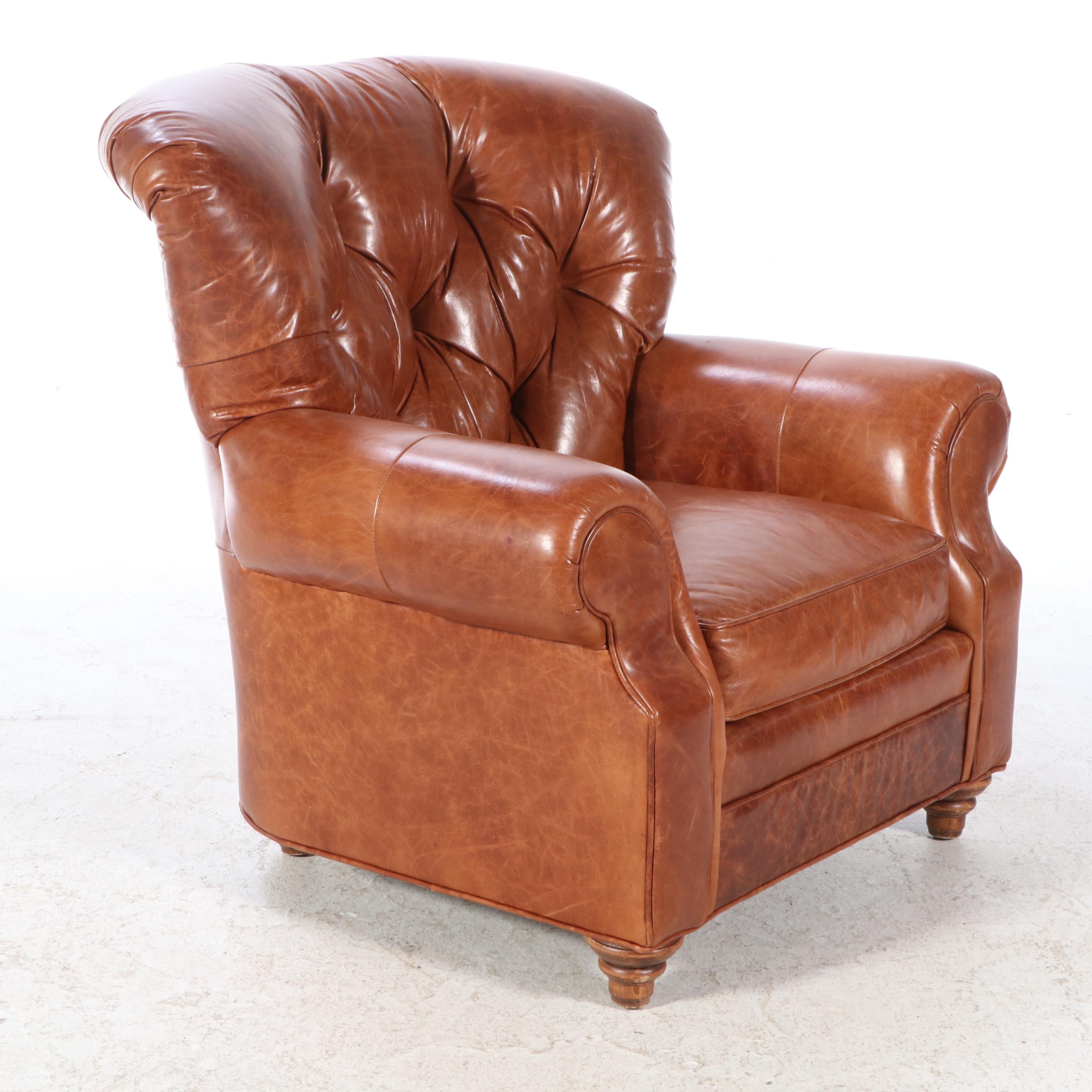 Arhaus Furniture Buttoned-Down Leather Easy Armchair and Ottoman