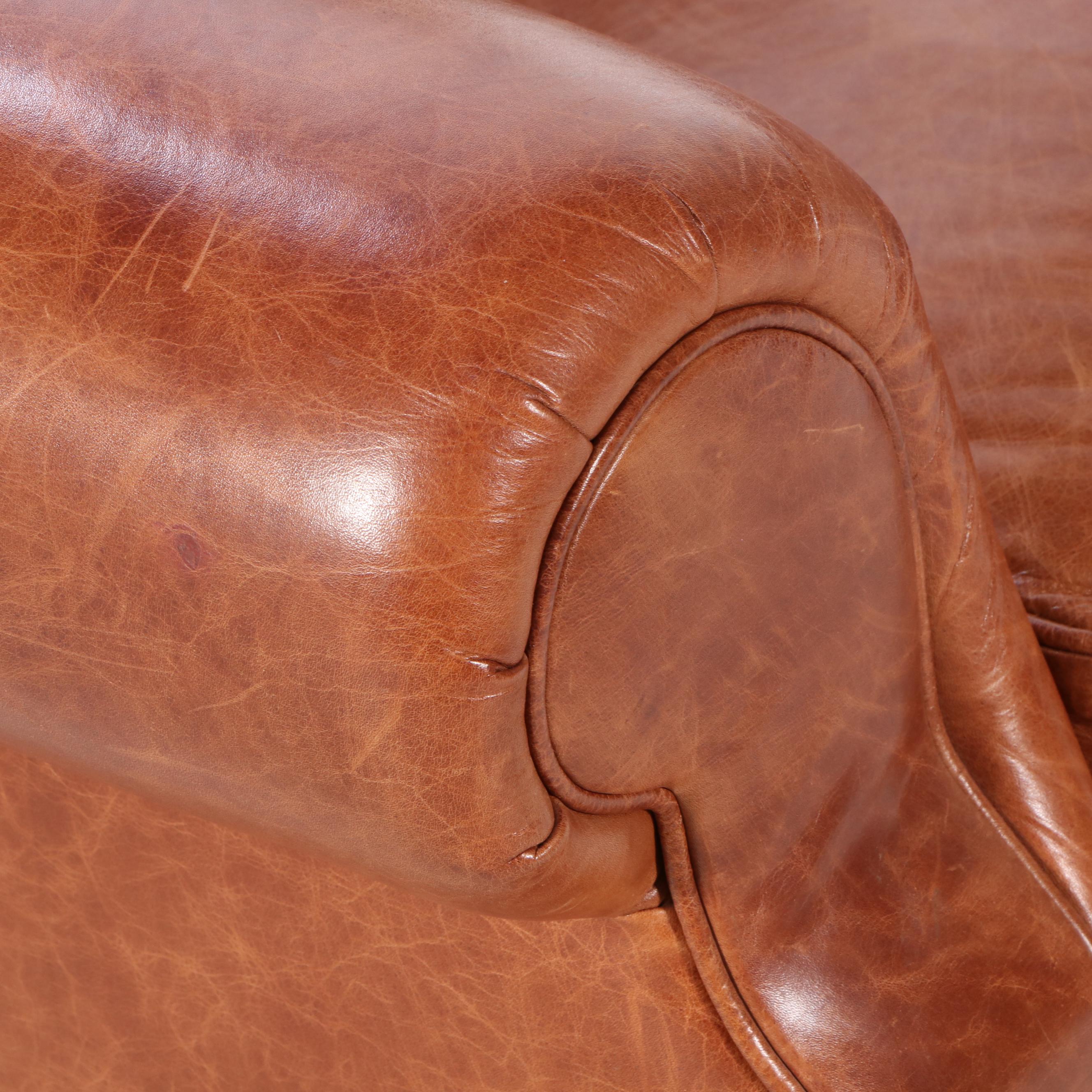 Arhaus Furniture Buttoned-Down Leather Easy Armchair and Ottoman