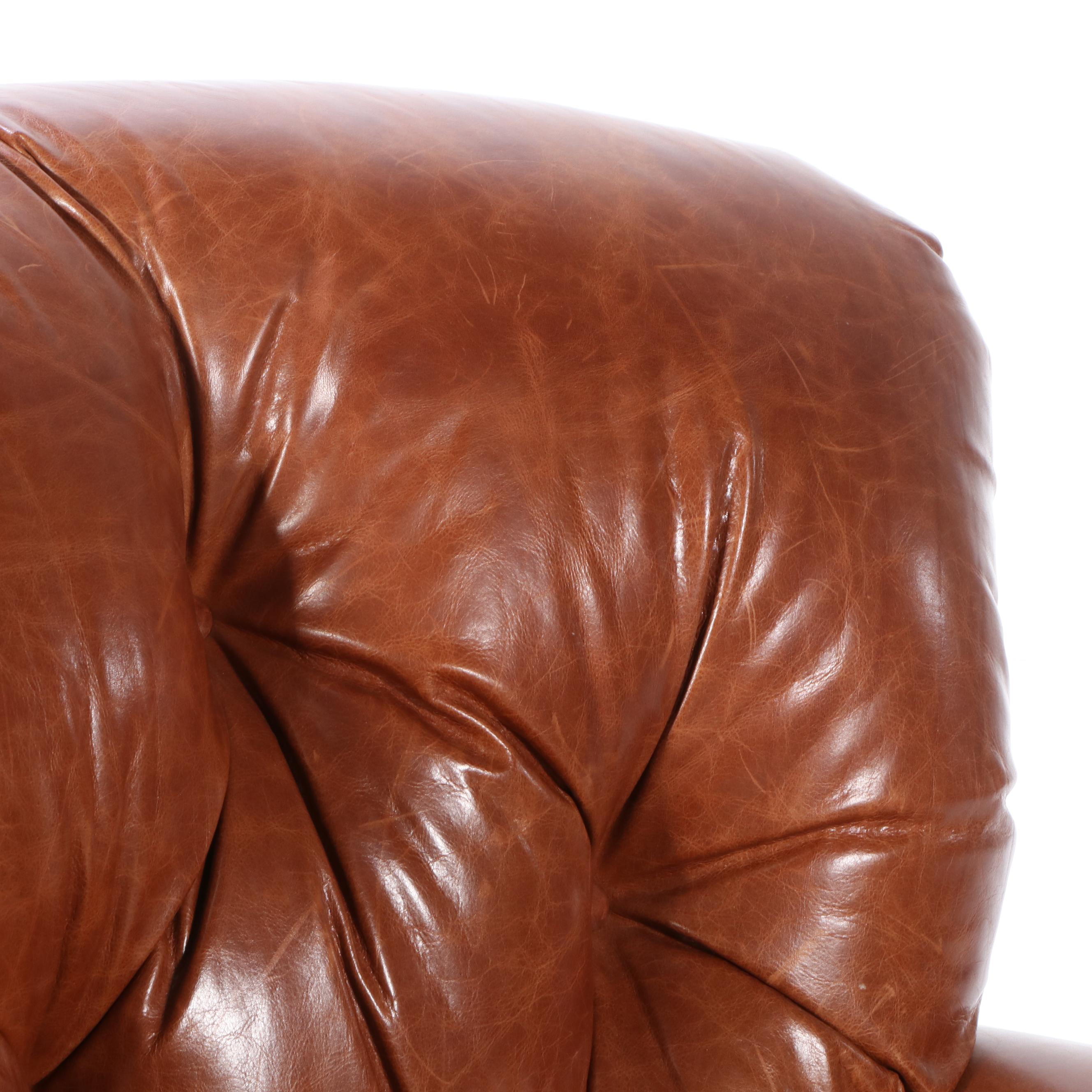 Arhaus Furniture Buttoned-Down Leather Easy Armchair and Ottoman