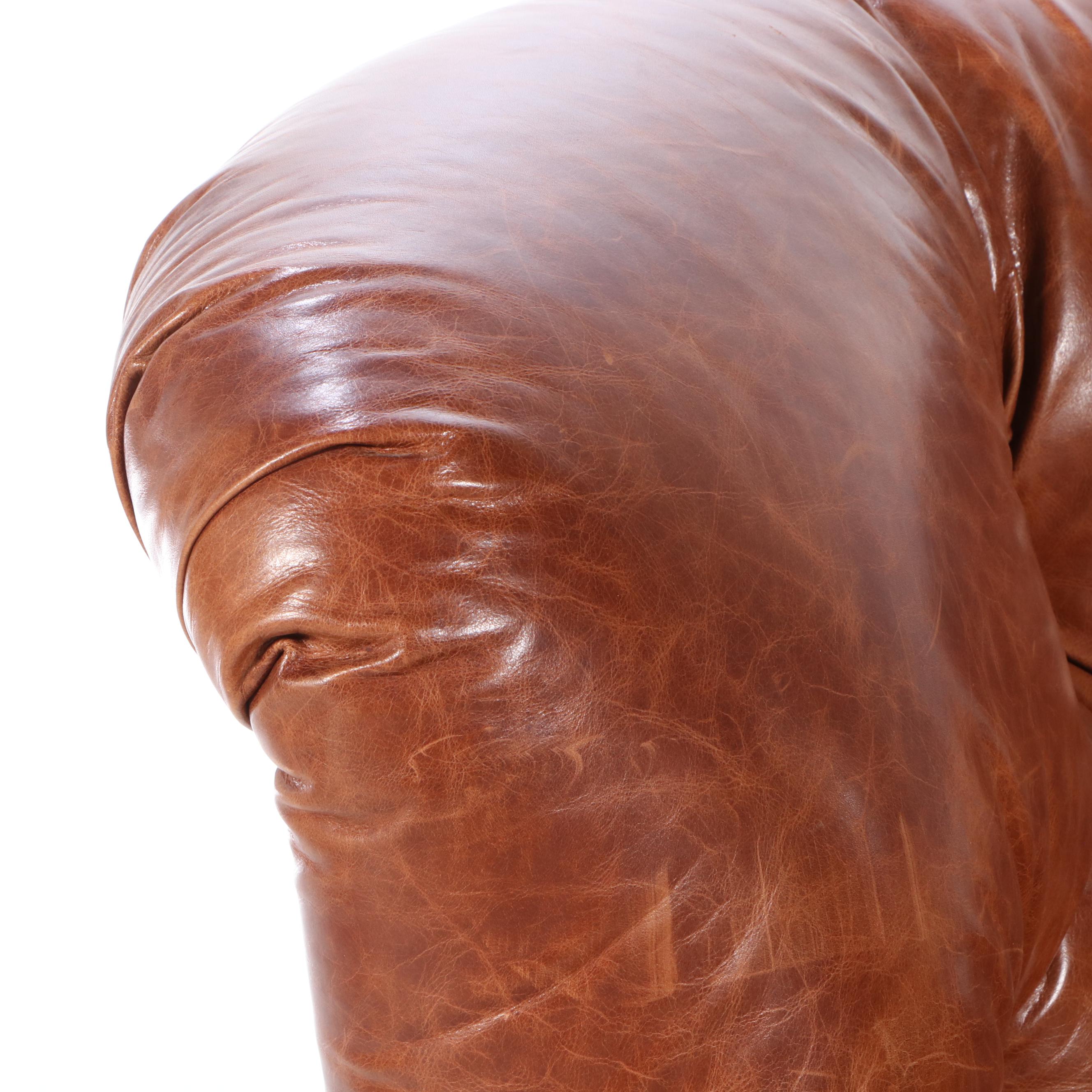 Arhaus Furniture Buttoned-Down Leather Easy Armchair and Ottoman