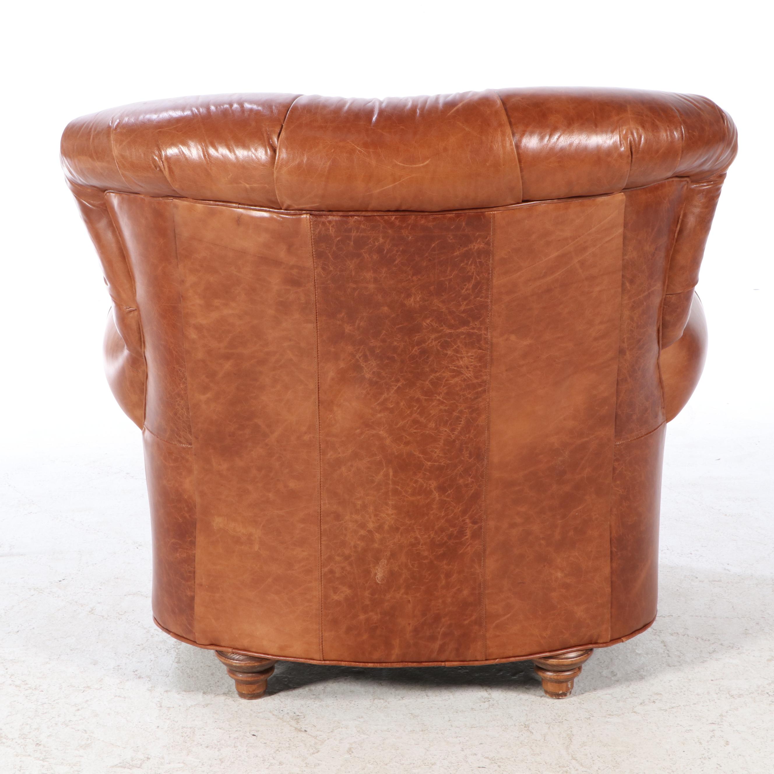 Arhaus Furniture Buttoned-Down Leather Easy Armchair and Ottoman
