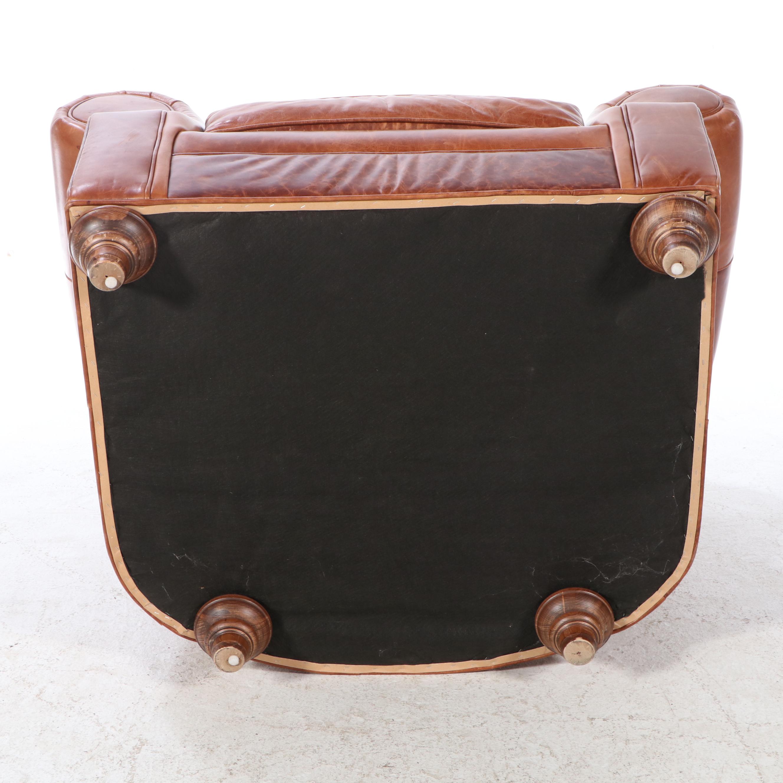 Arhaus Furniture Buttoned-Down Leather Easy Armchair and Ottoman