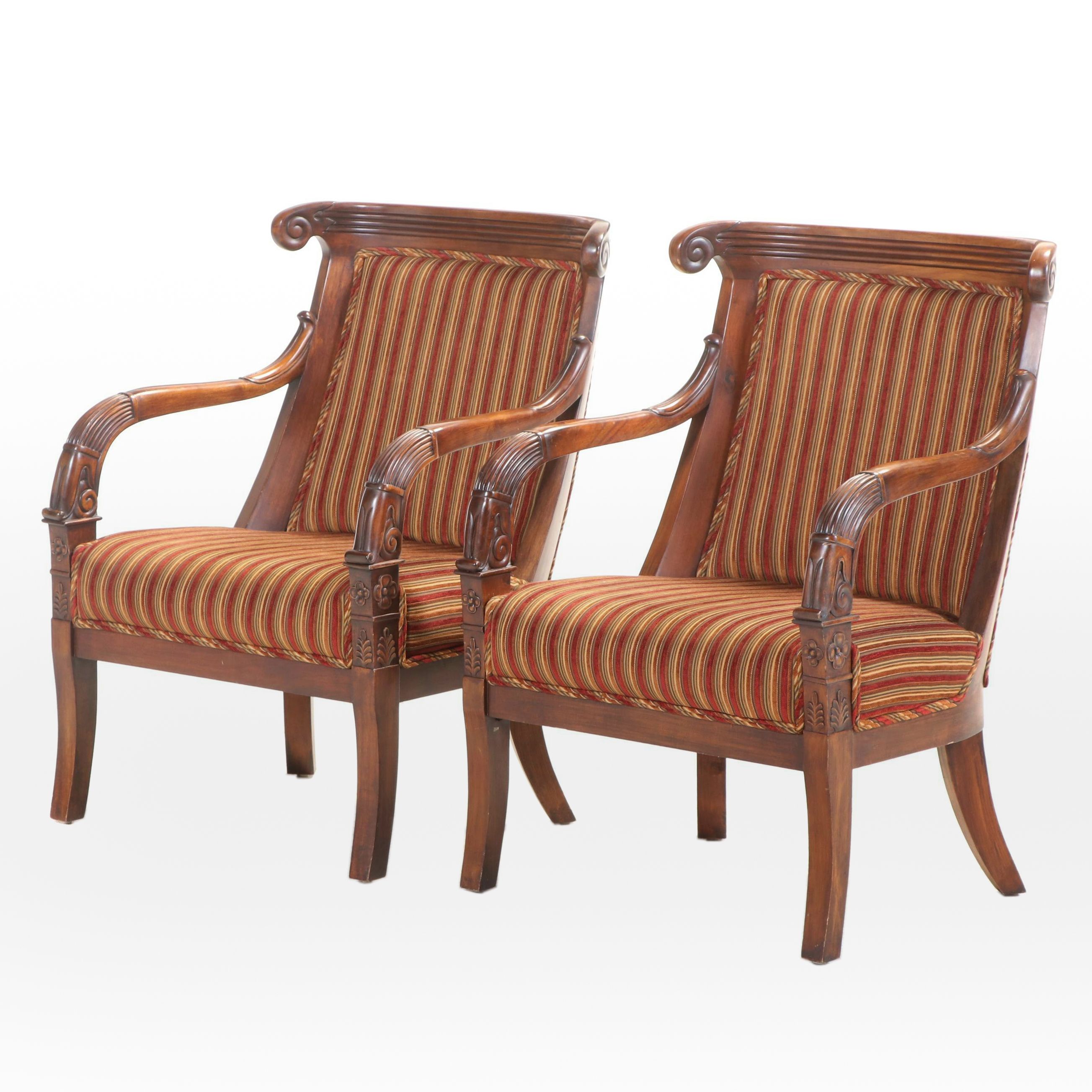 Pair of Empire Style Mahogany and Custom-Upholstered Armchairs