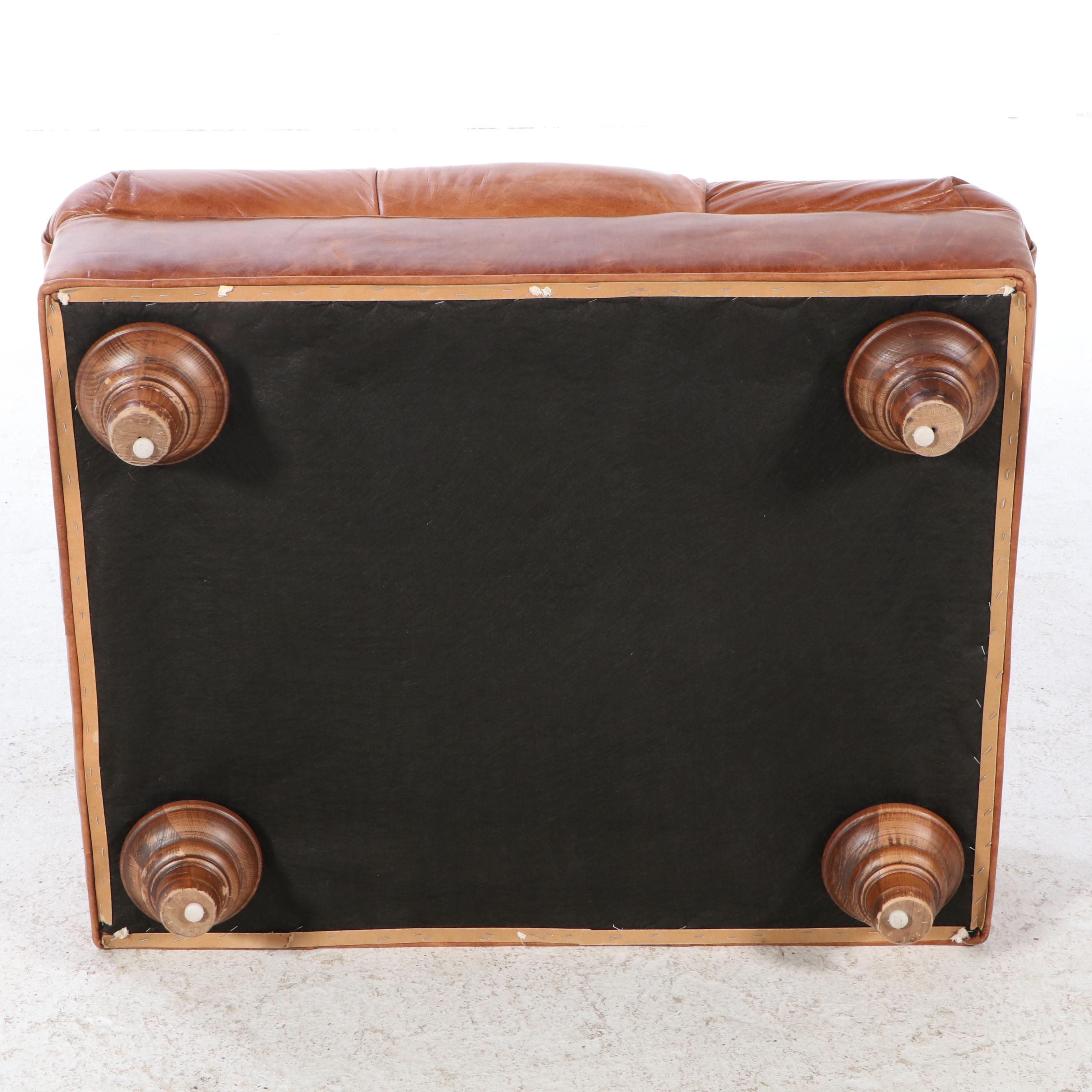 Arhaus Furniture Buttoned-Down Leather Easy Armchair and Ottoman