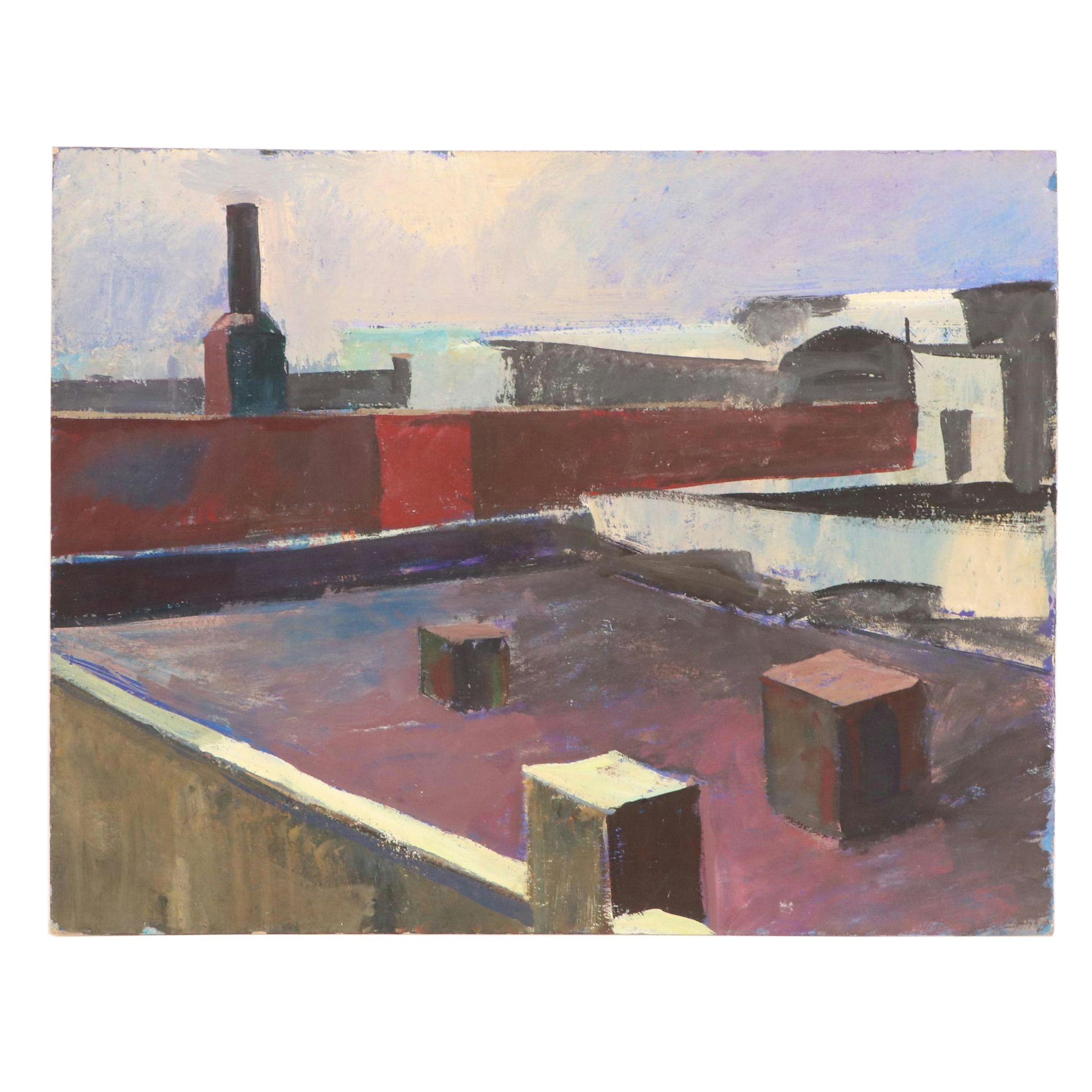 Serge Hollerbach Modern Urban Landscape Oil Painting, Mid 20th Century