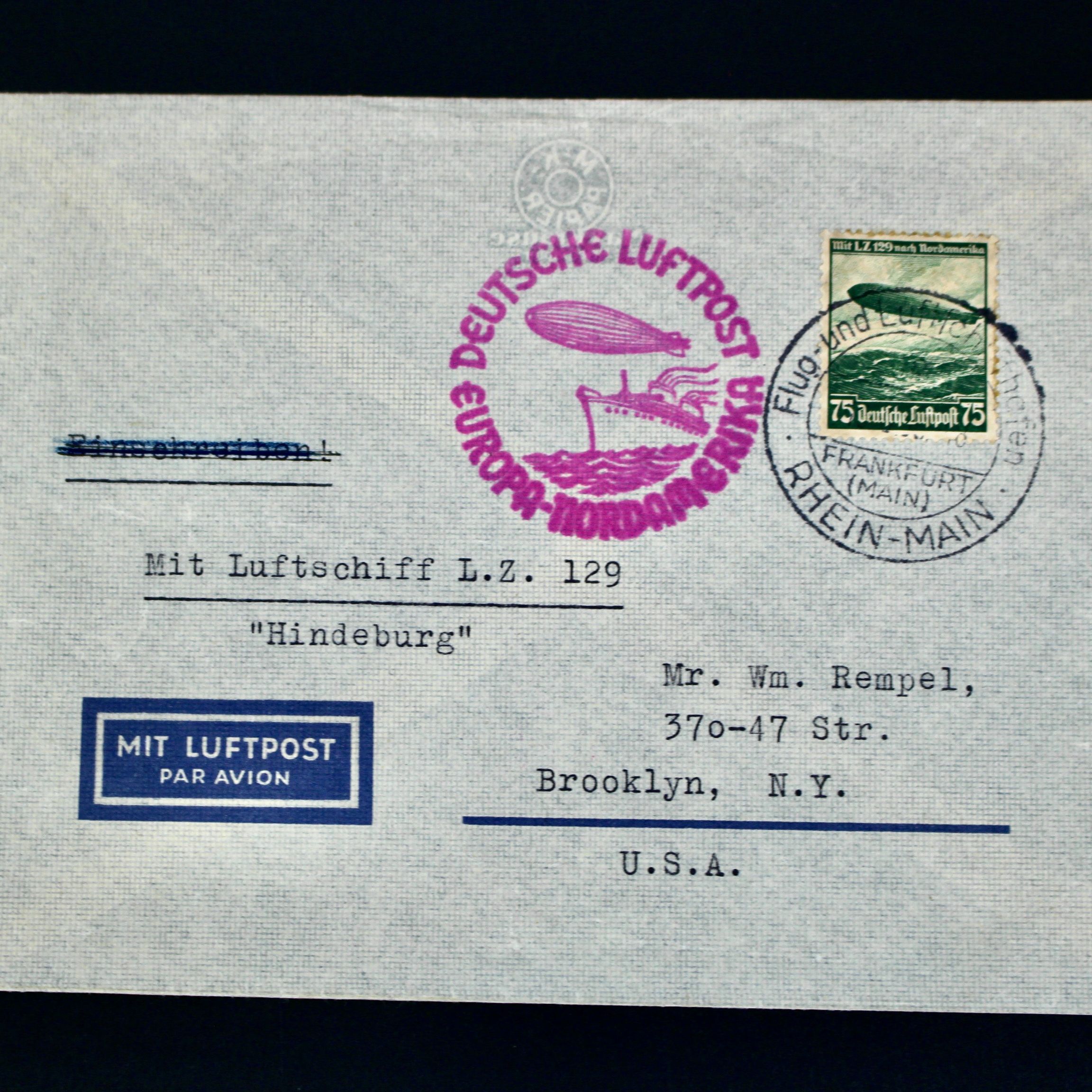 1936 Hindenburg Graf Zeppelin Postal Cover, Germany to USA