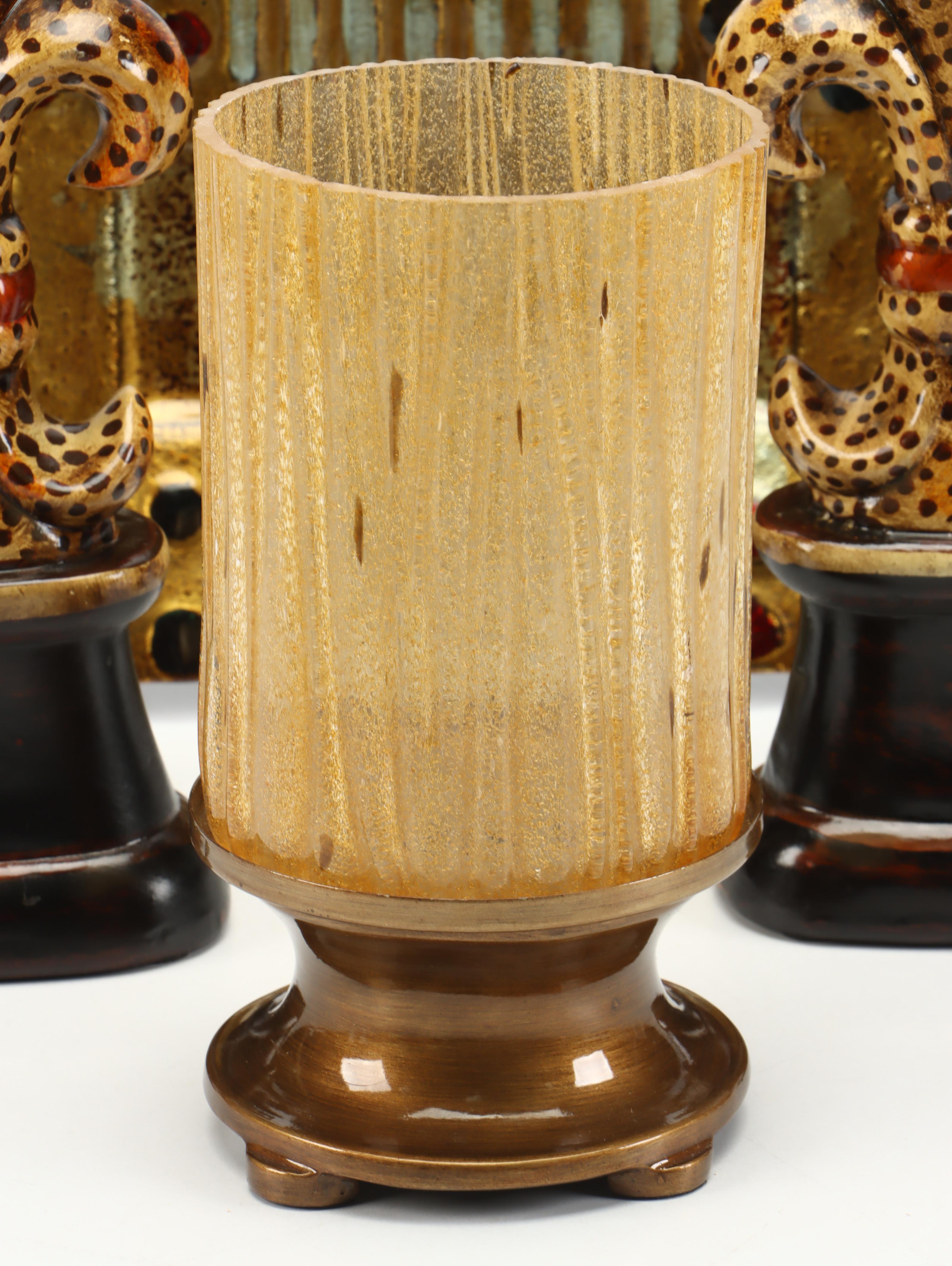 Austin Glass Hurricane with Fleur-de-Lis Bookends and Fused Glass Tray