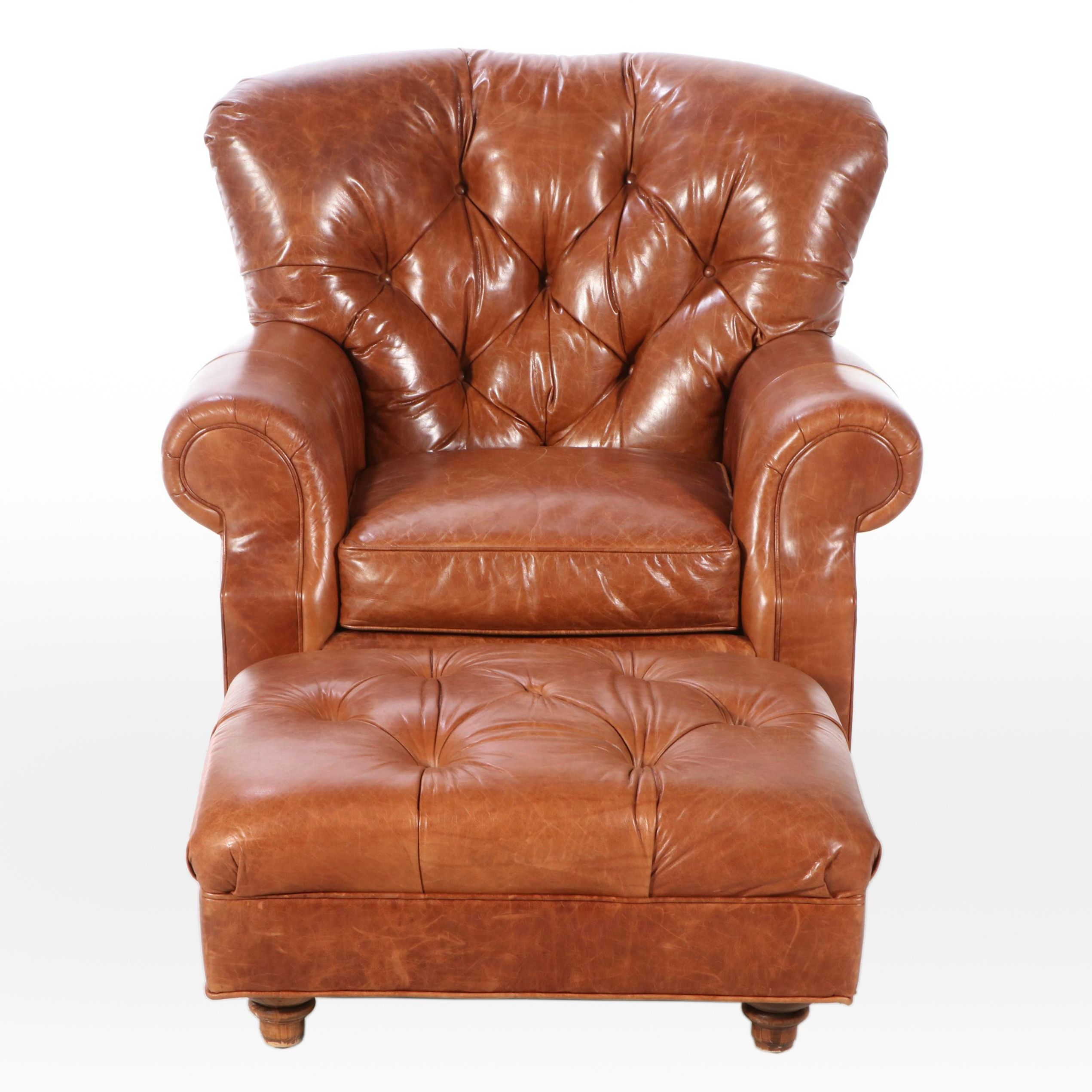 Arhaus Furniture Buttoned-Down Leather Easy Armchair and Ottoman