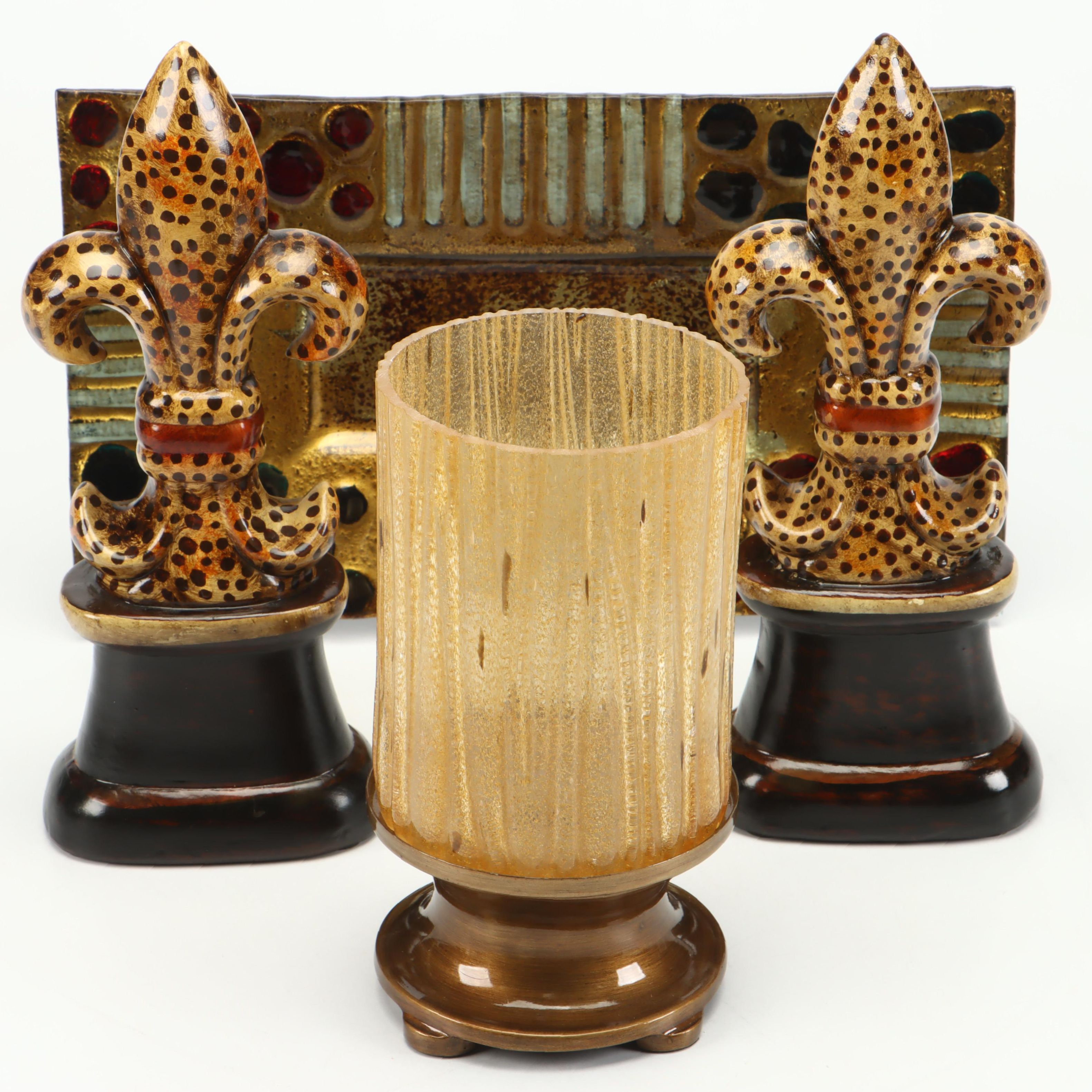 Austin Glass Hurricane with Fleur-de-Lis Bookends and Fused Glass Tray