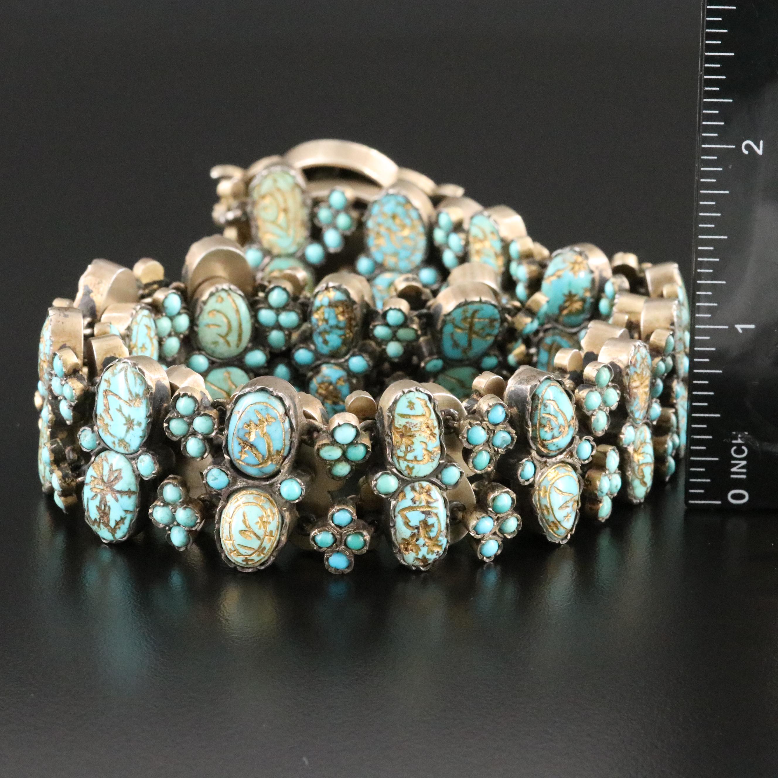 Antique Russian 850 Silver Carved and Gilded Turquoise Belt , Late 1800s