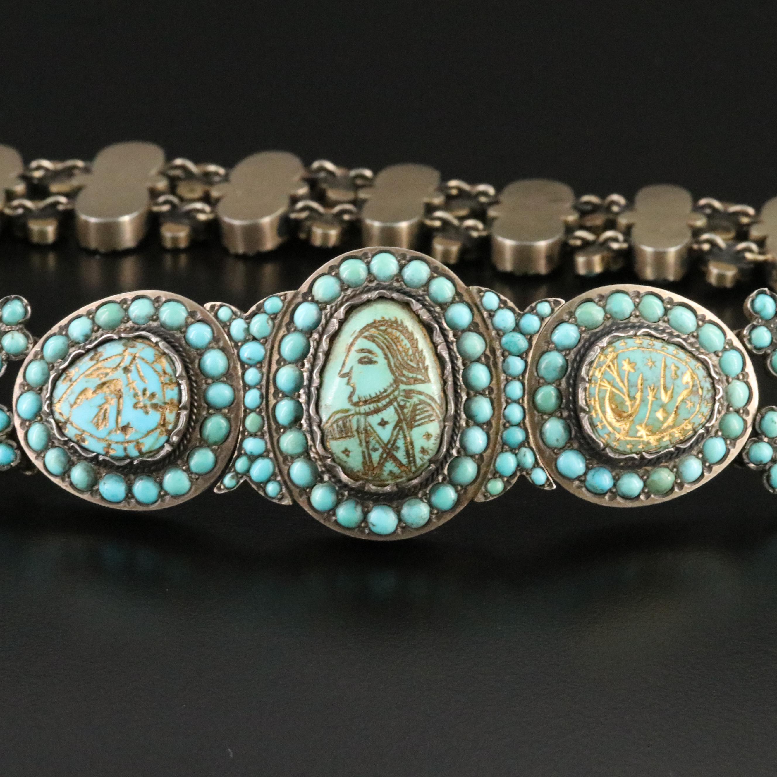 Antique Russian 850 Silver Carved and Gilded Turquoise Belt , Late 1800s