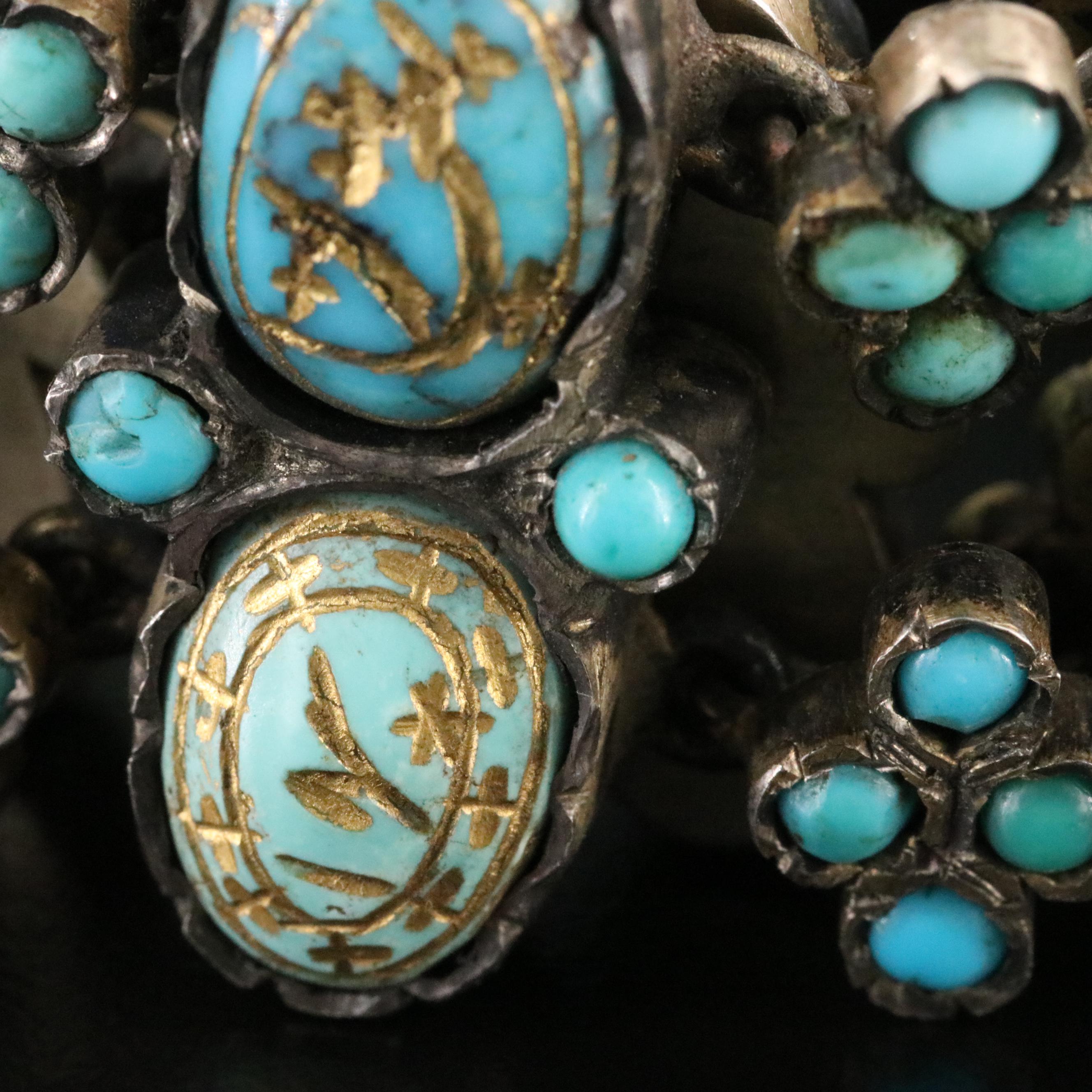 Antique Russian 850 Silver Carved and Gilded Turquoise Belt , Late 1800s