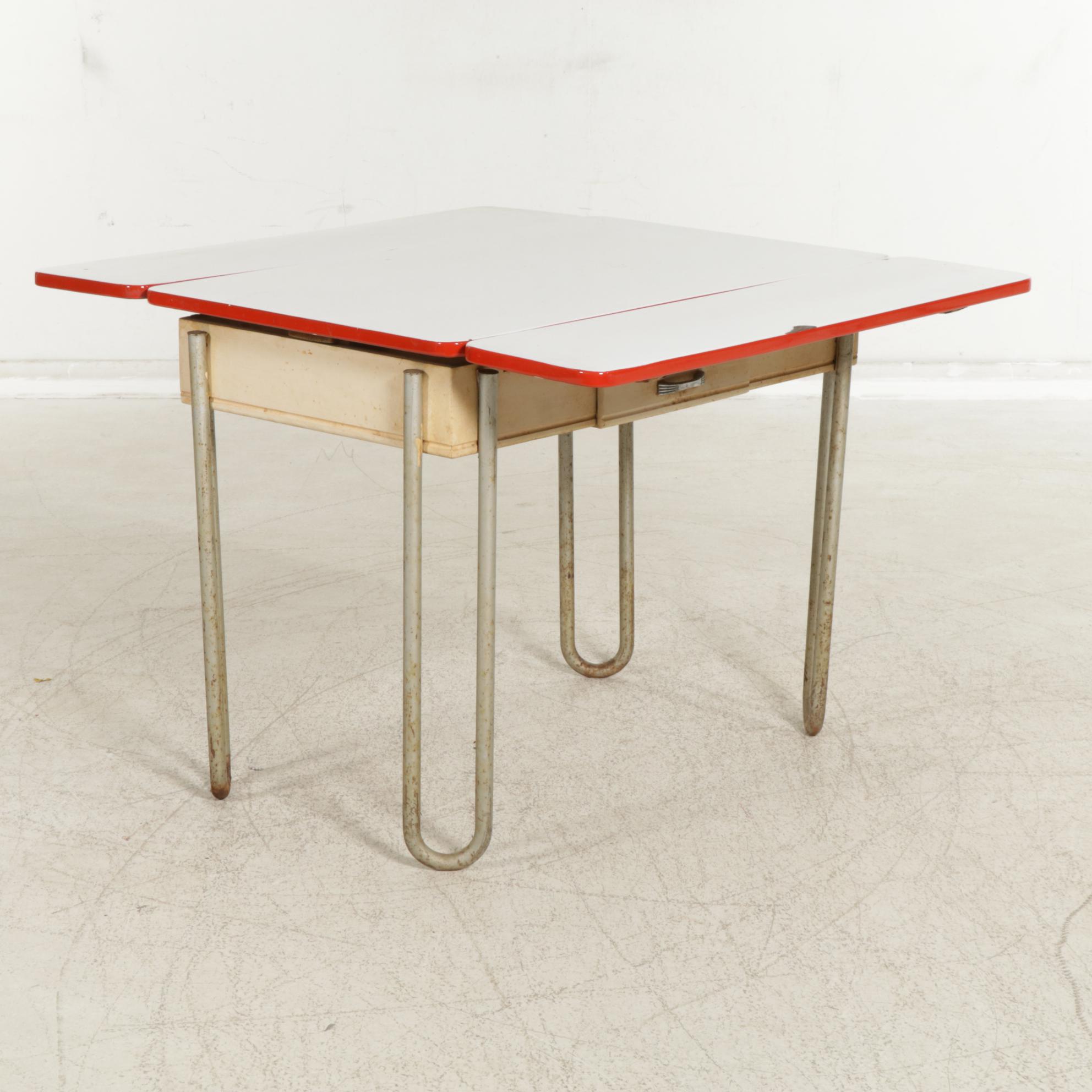 Mid Century Enameled Metal Top Kitchen Table with Tuck Under Leaves and Chair
