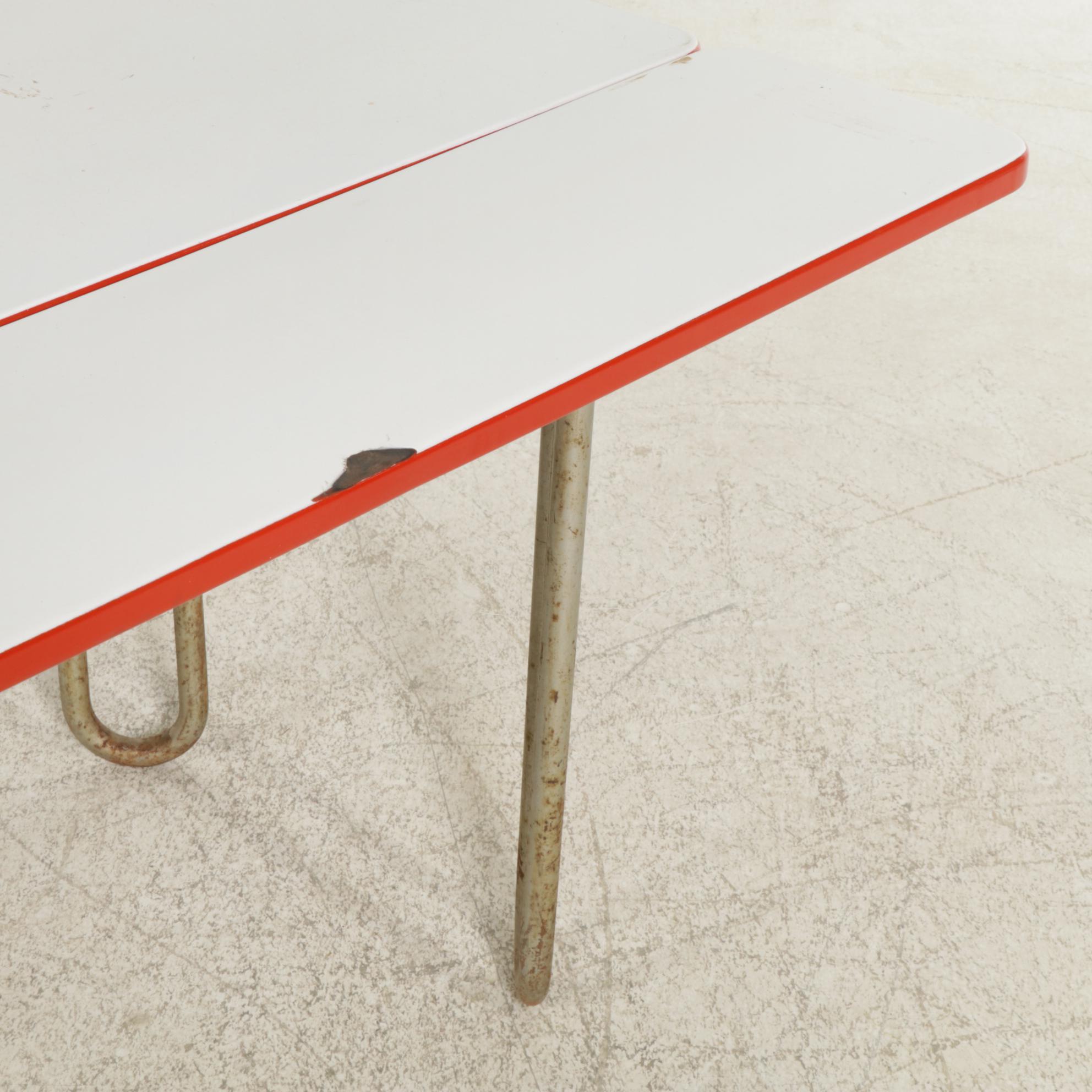 Mid Century Enameled Metal Top Kitchen Table with Tuck Under Leaves and Chair