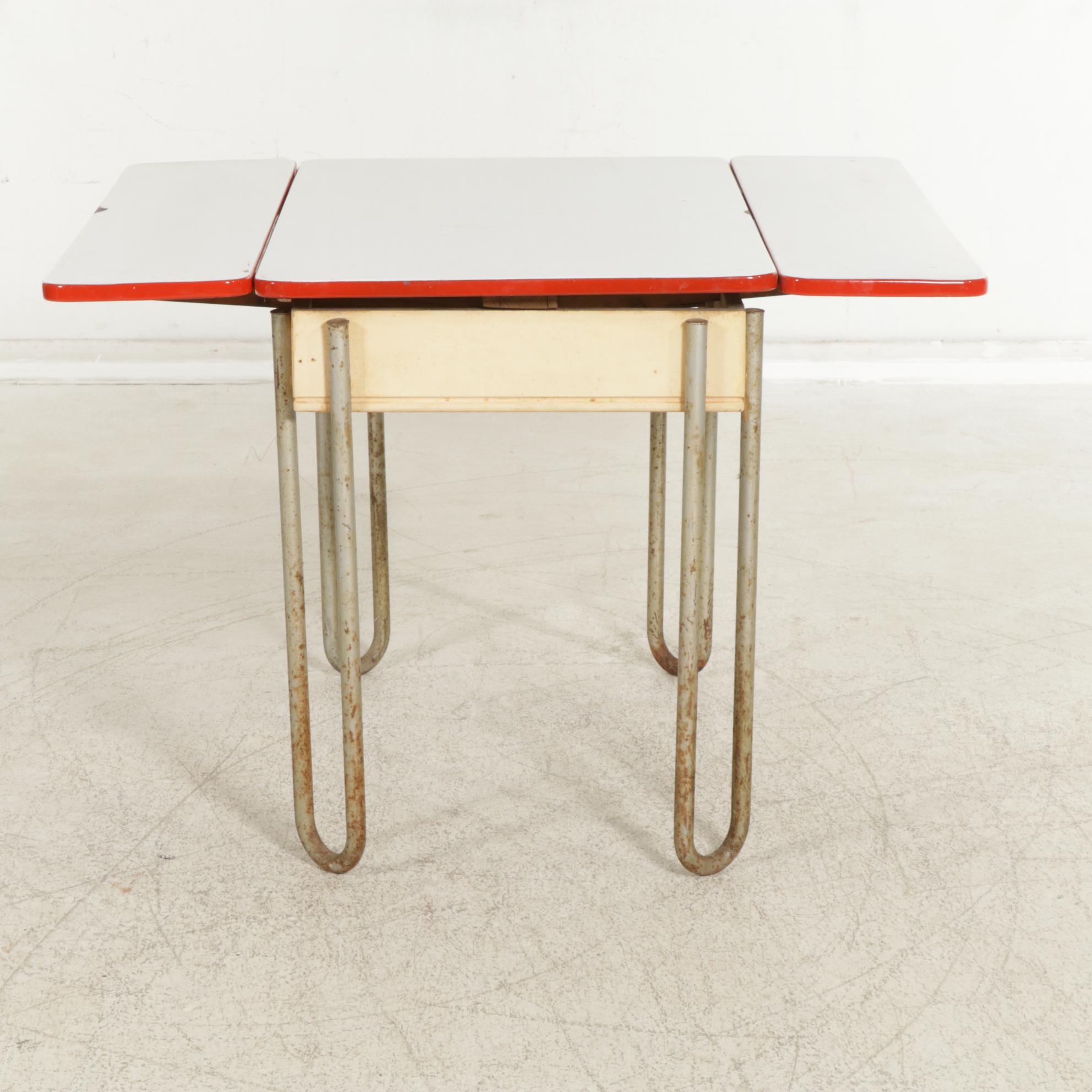 Mid Century Enameled Metal Top Kitchen Table with Tuck Under Leaves and Chair