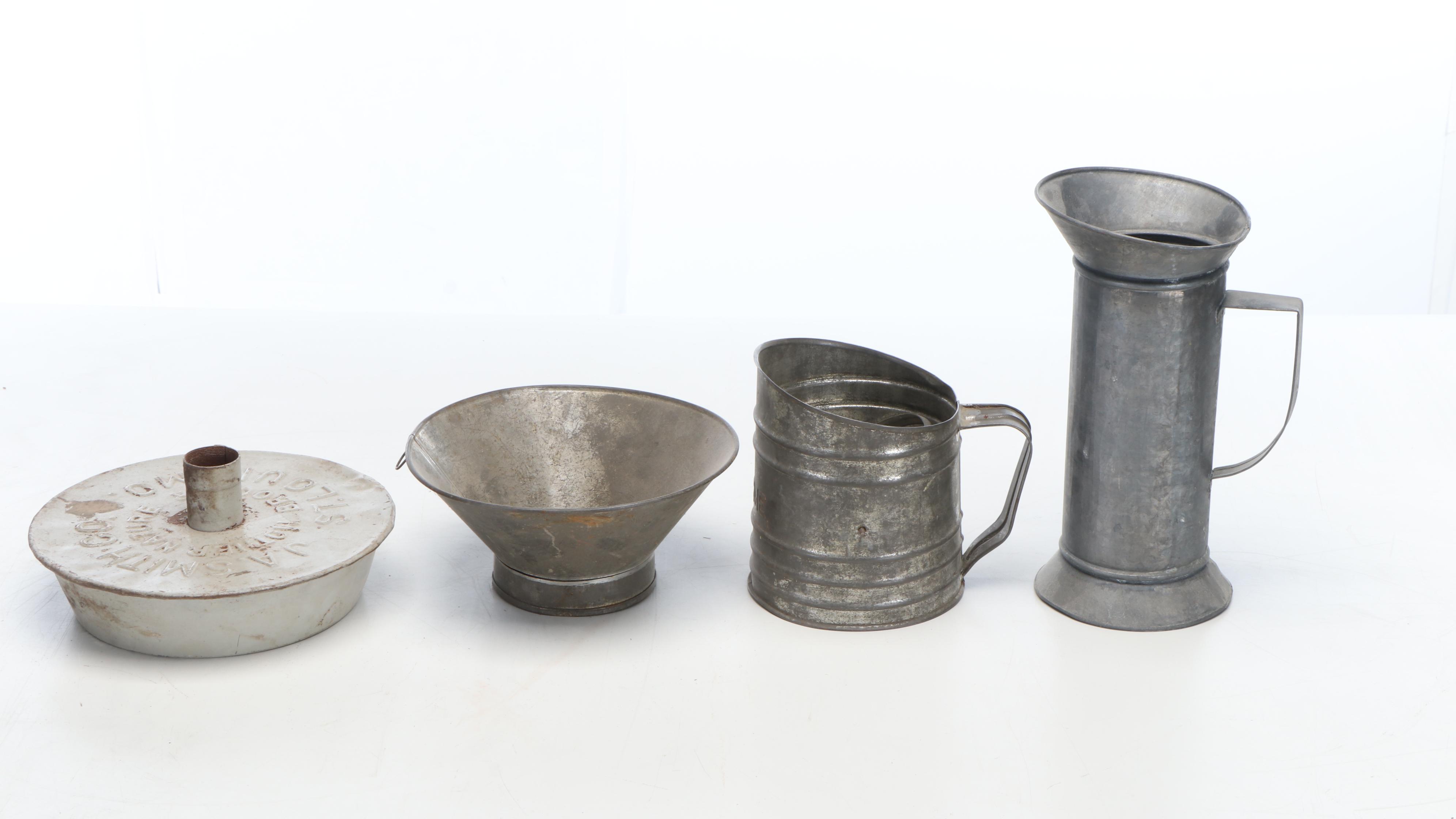 Metal Funnels, Canister, Kerosene Lamp, Ladle and More