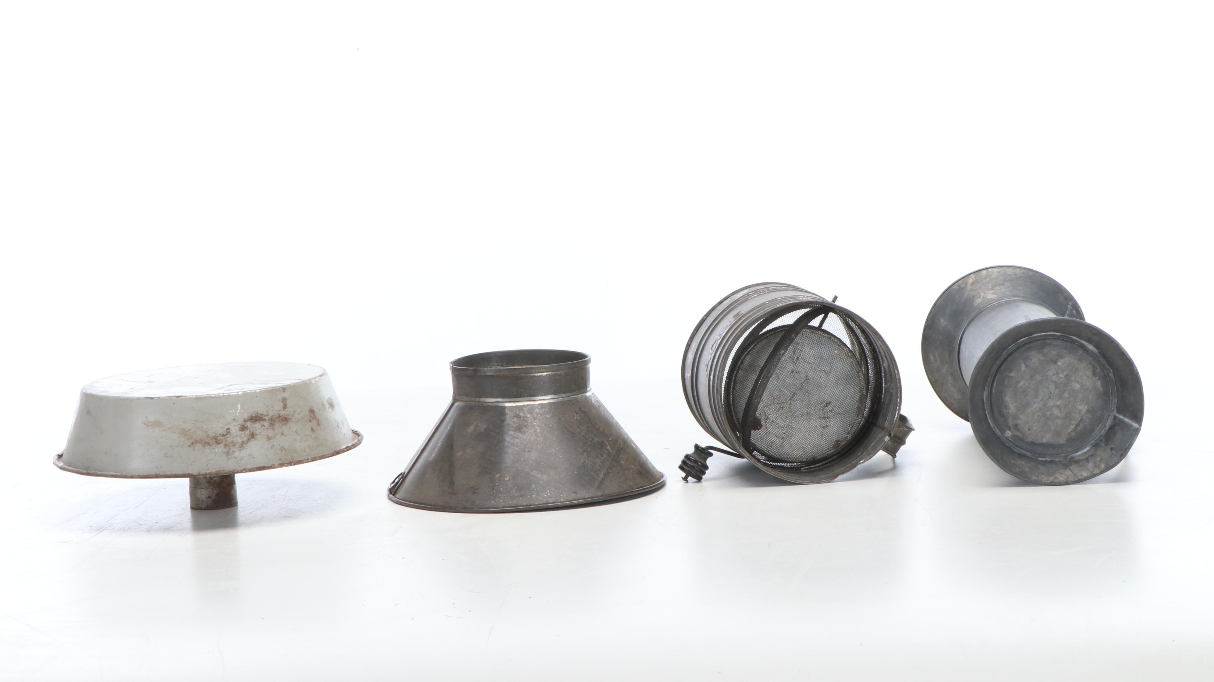 Metal Funnels, Canister, Kerosene Lamp, Ladle and More
