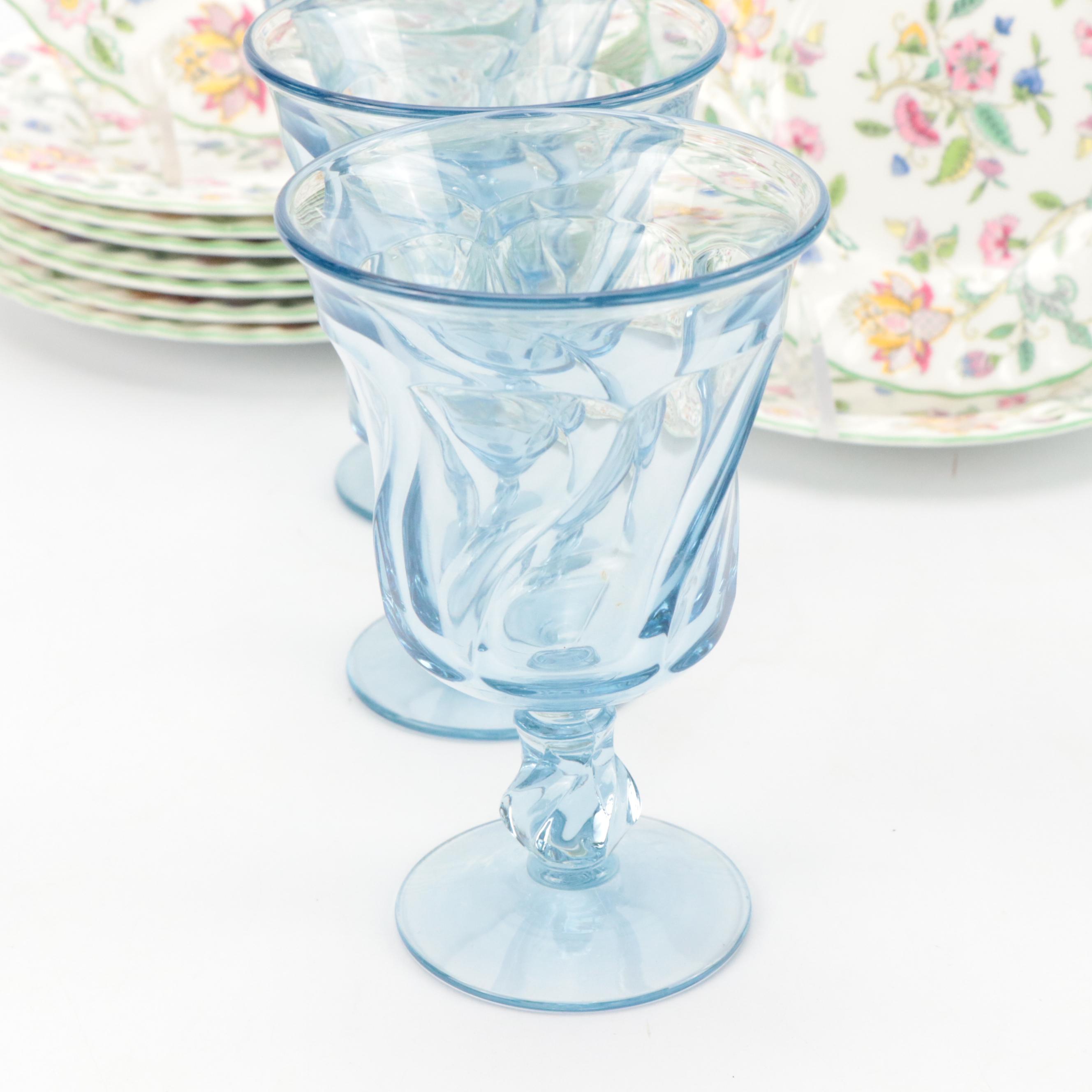 Minton "Haddon Hall" Plates and Tray with Fostoria "Jamestown Blue" Glasses