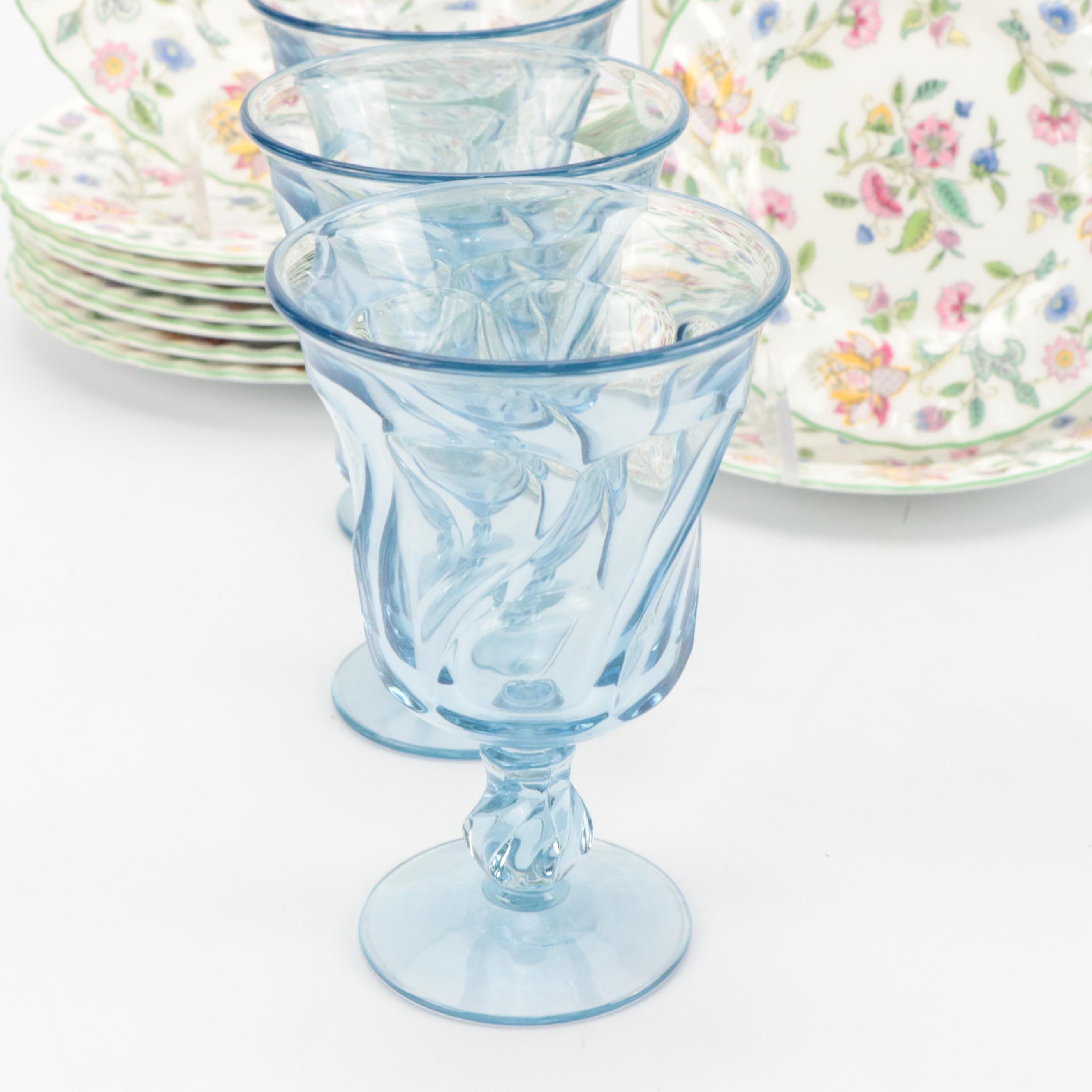 Minton "Haddon Hall" Plates and Tray with Fostoria "Jamestown Blue" Glasses