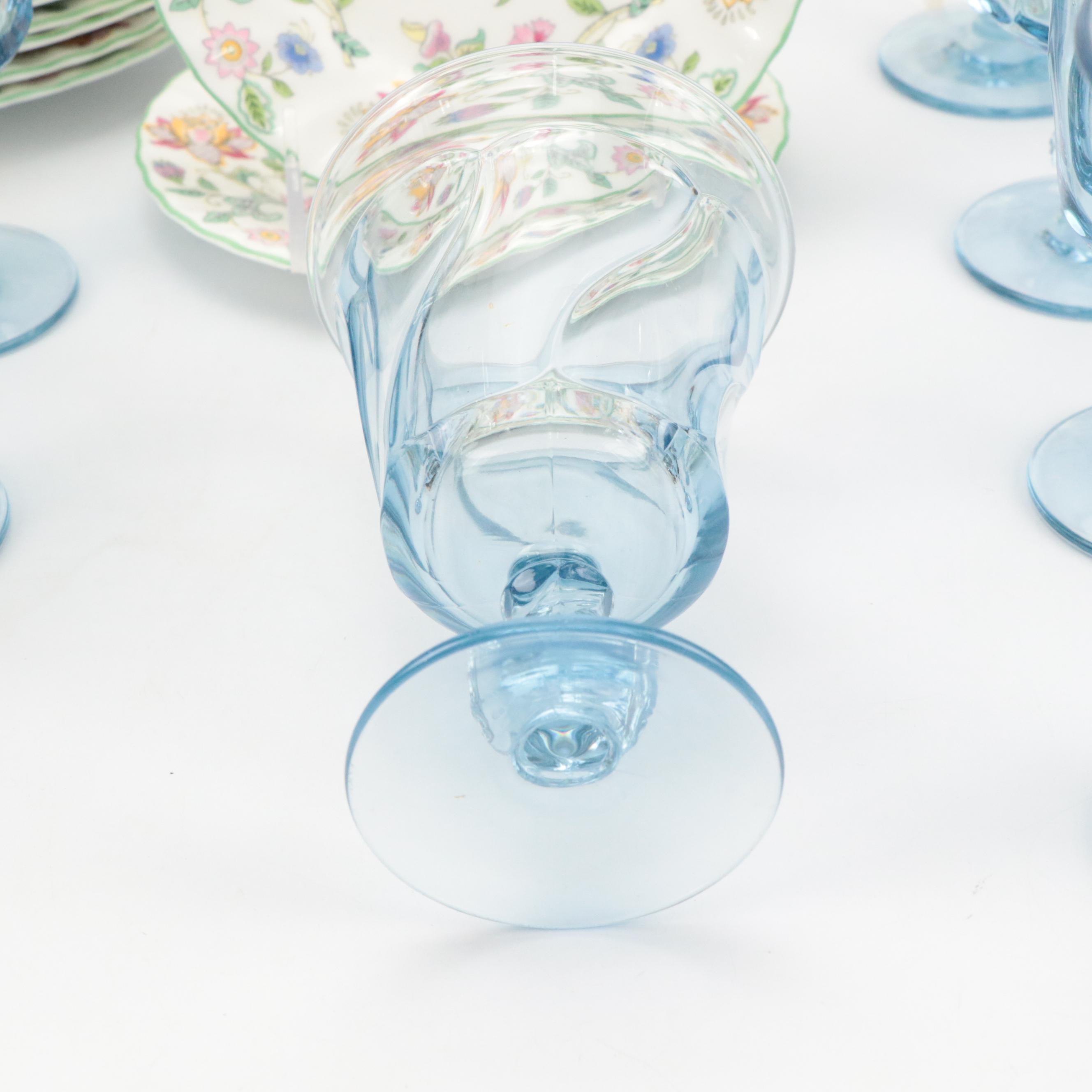 Minton "Haddon Hall" Plates and Tray with Fostoria "Jamestown Blue" Glasses