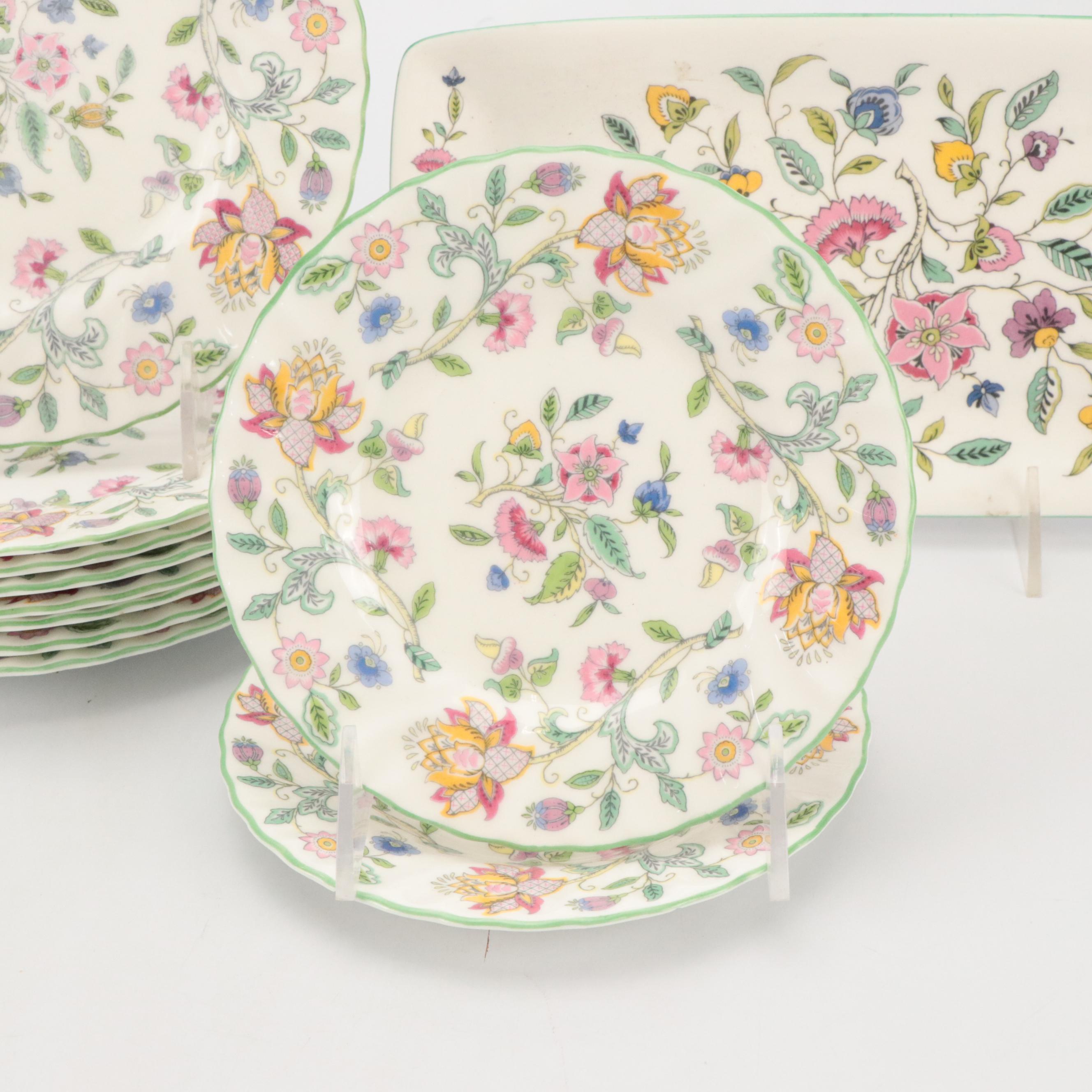 Minton "Haddon Hall" Plates and Tray with Fostoria "Jamestown Blue" Glasses