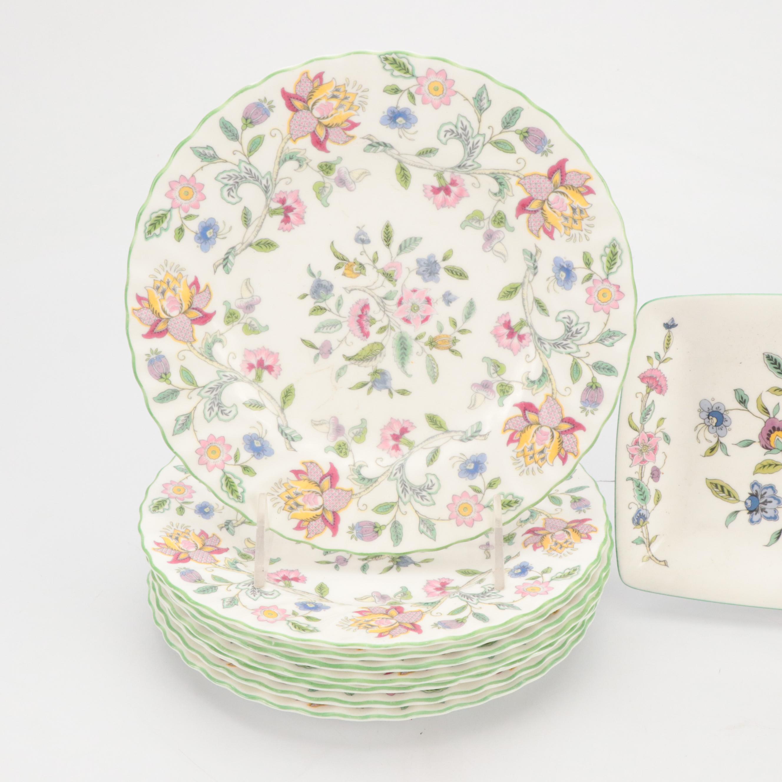 Minton "Haddon Hall" Plates and Tray with Fostoria "Jamestown Blue" Glasses