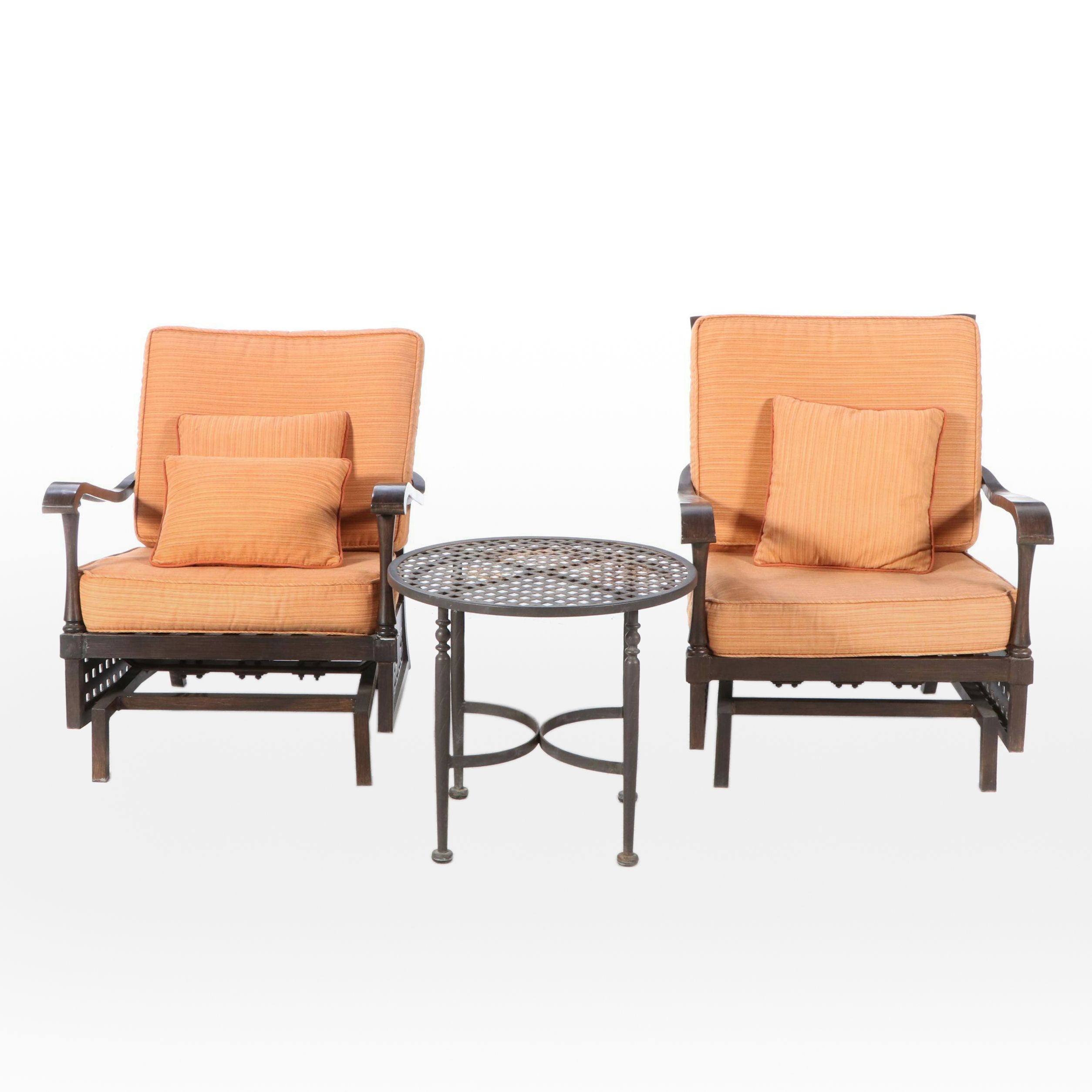 Pair of Cast Aluminum Patio Platform Rockers Plus Powder-Coated Metal Side Table