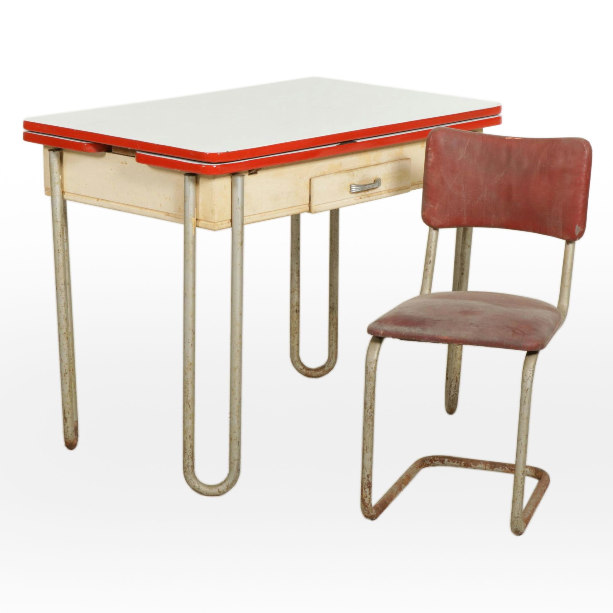 Mid Century Enameled Metal Top Kitchen Table with Tuck Under Leaves and Chair