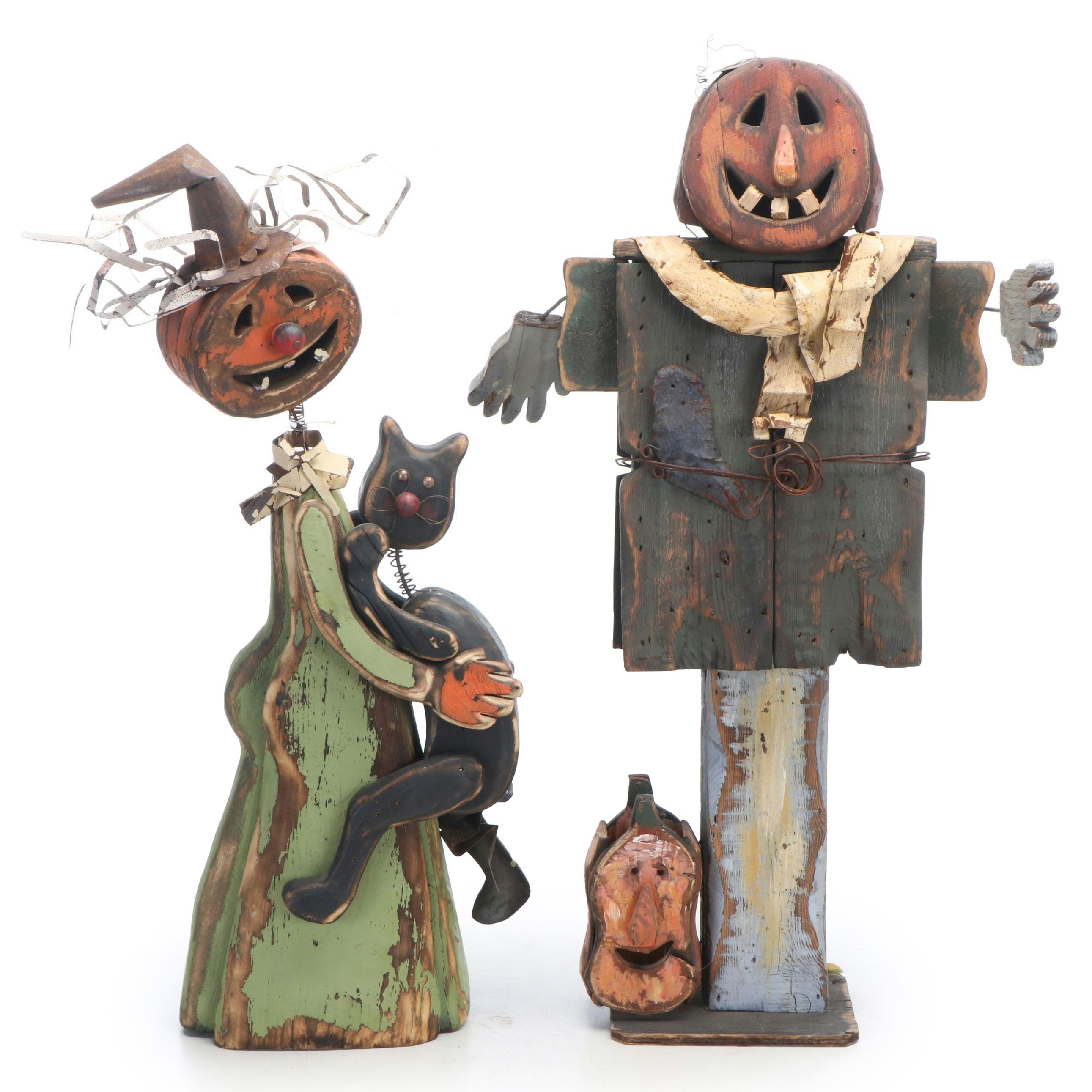 Primitive Folk Art Style Wooden Jack-o'-Lantern Floor Figures
