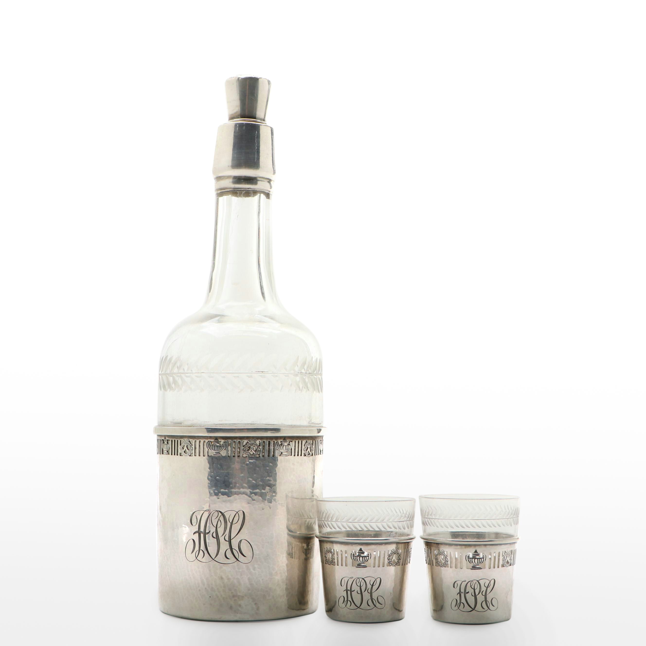 Matthews Co. Edwardian Style Sterling Silver and Etched Glass Decanter and Cups