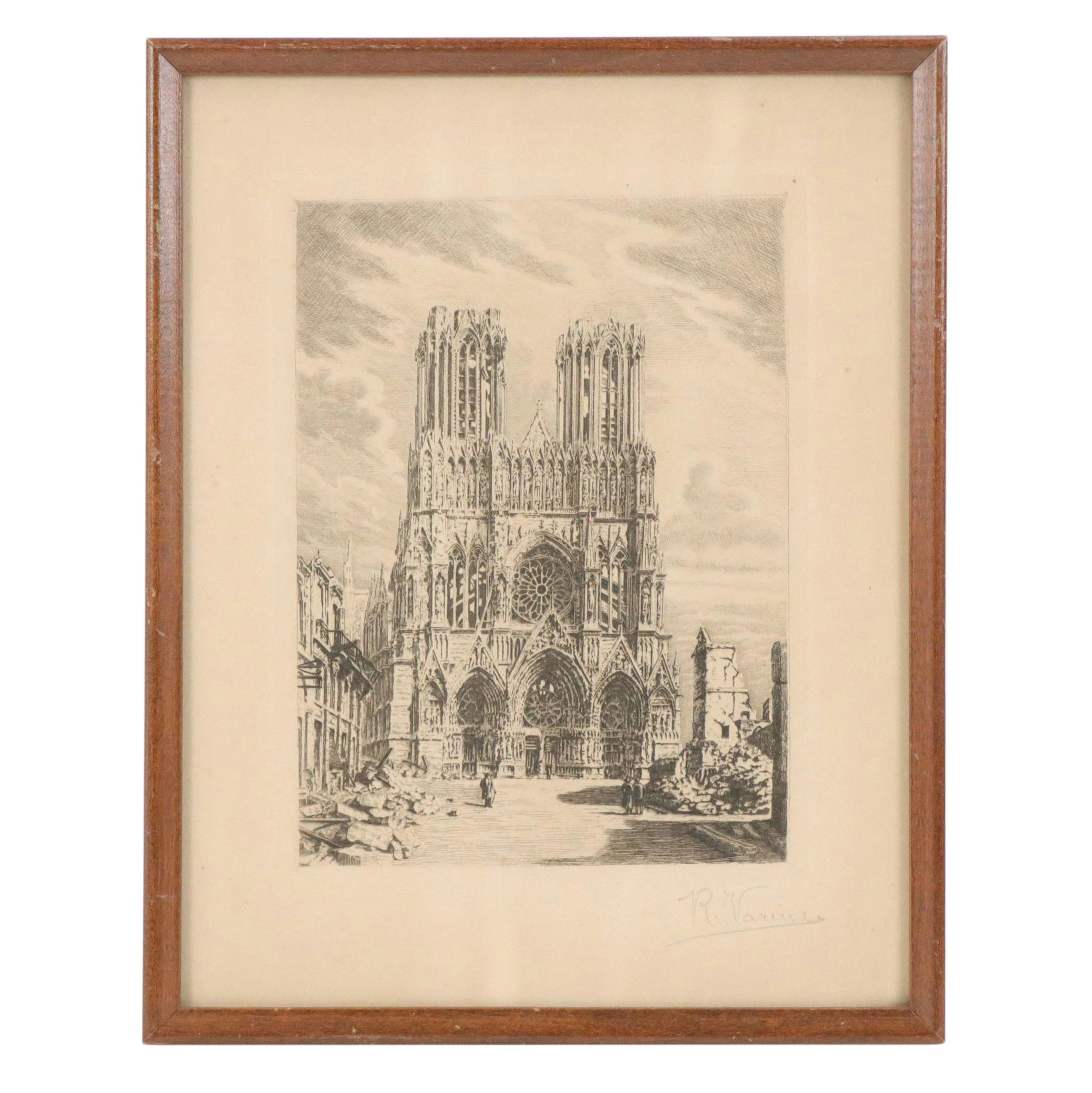 Raoul Varin Etching of Cathédrale Notre-Dame de Reims