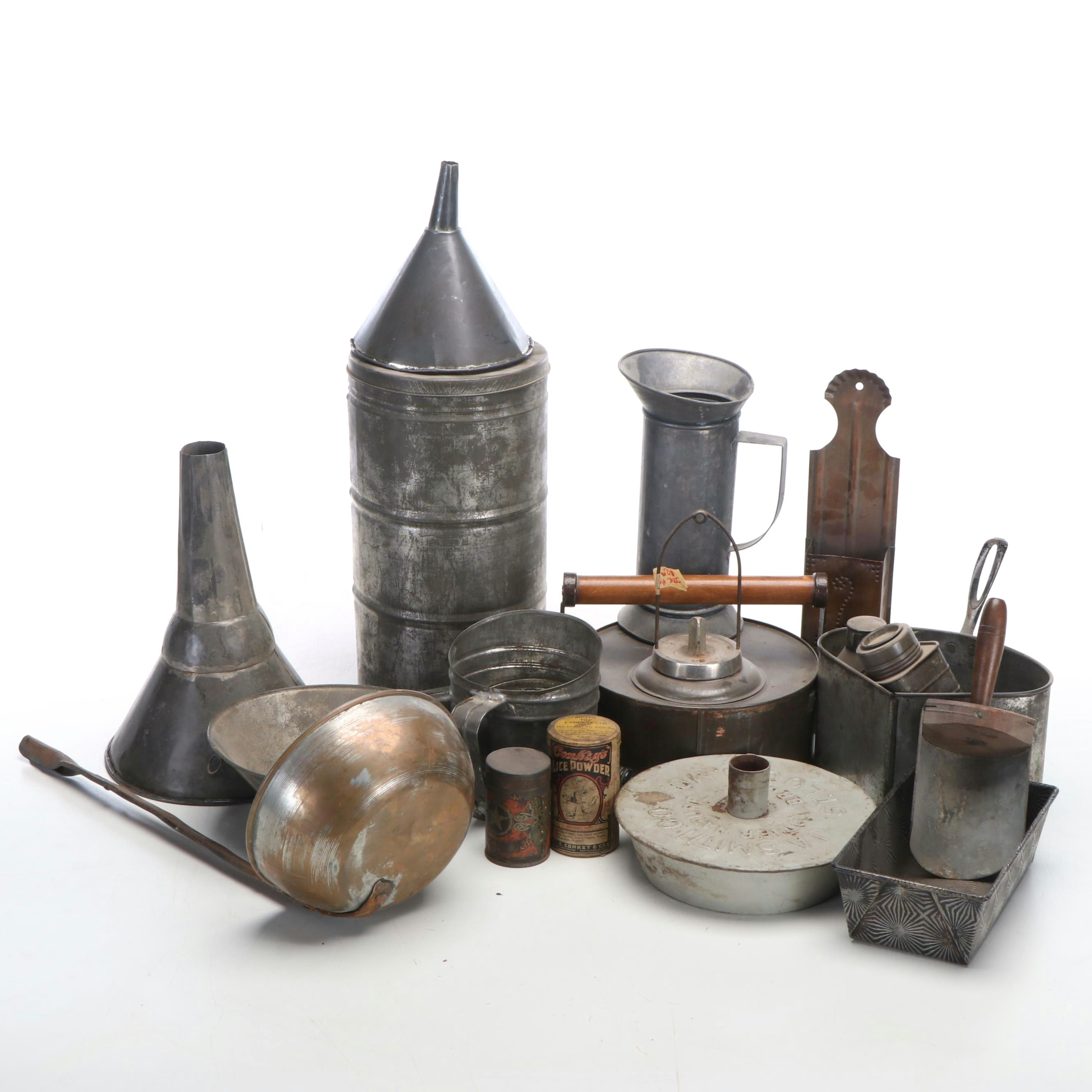 Metal Funnels, Canister, Kerosene Lamp, Ladle and More