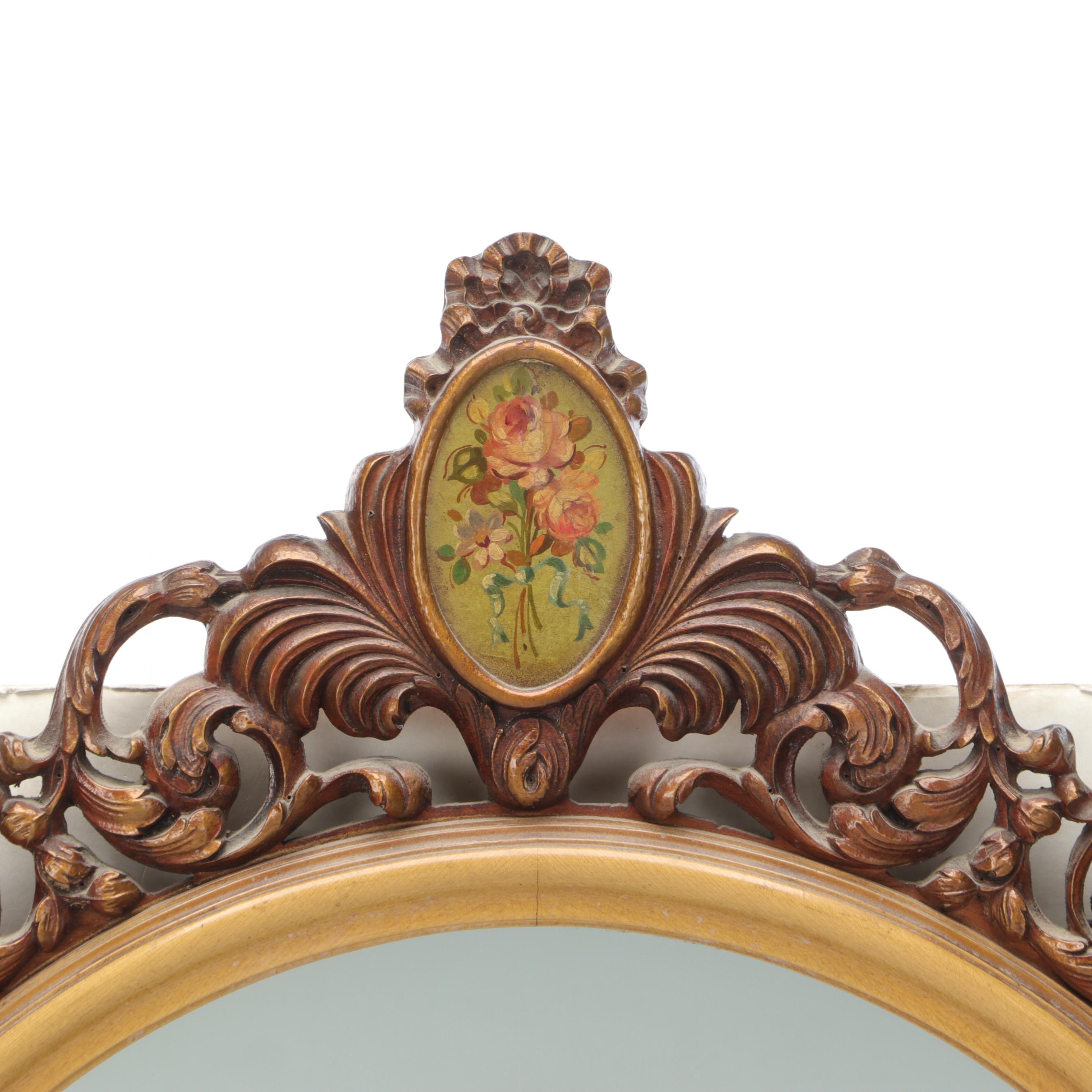 Hollywood Regency Hand-Carved Parcel Gilt and Hand-Enameled Wall Mirror