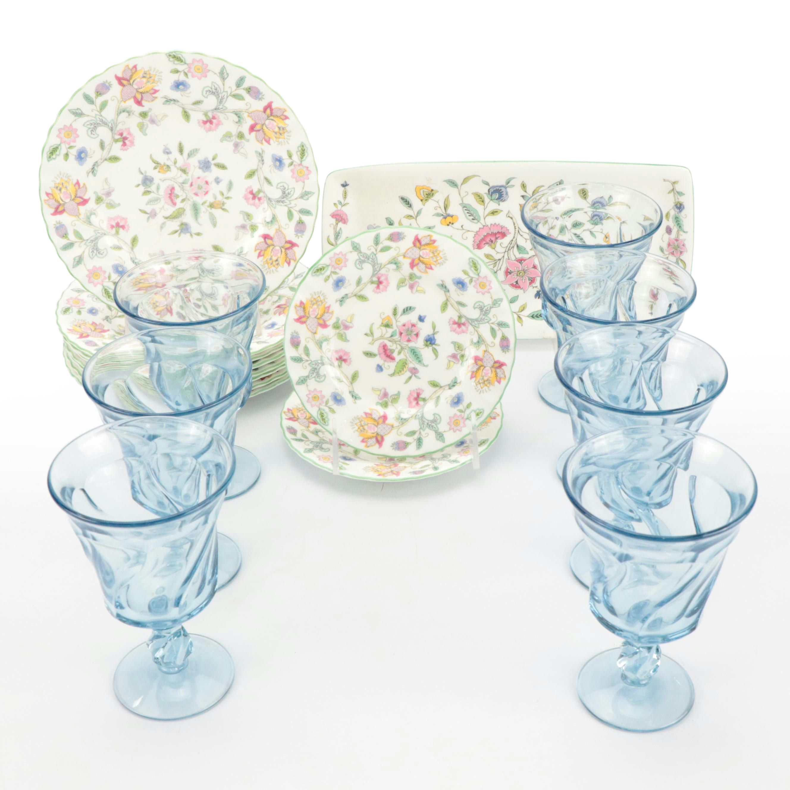 Minton "Haddon Hall" Plates and Tray with Fostoria "Jamestown Blue" Glasses