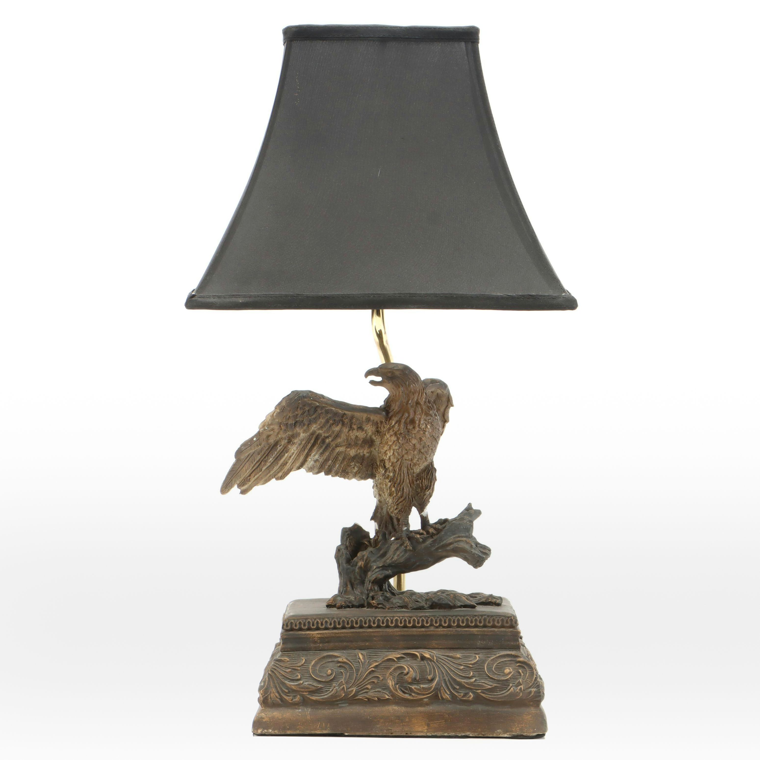 Bronzed Resin Eagle Table Lamp with Black Silk Shade