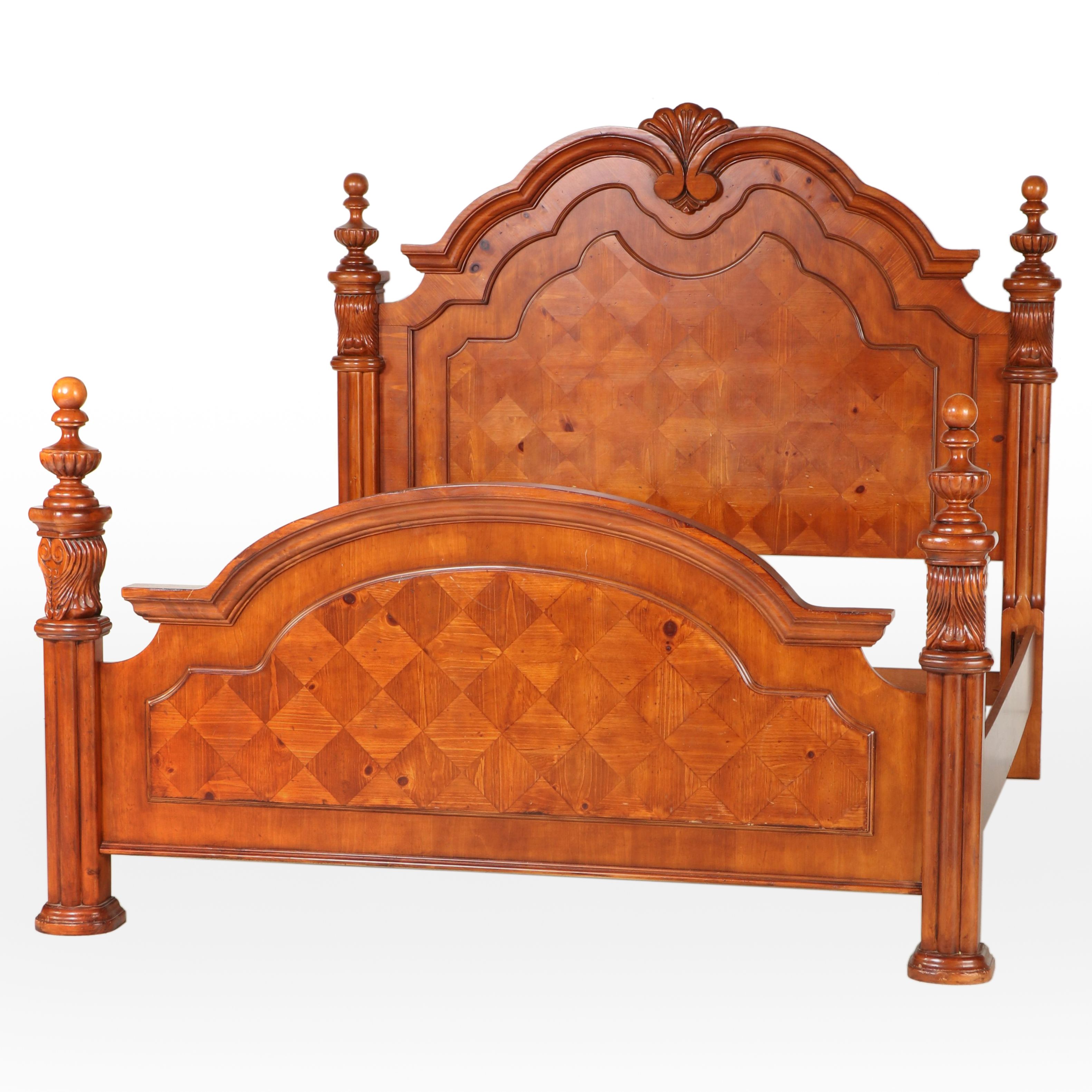 Rococo Style Cherry Finish Parquet King Size Bed Frame
