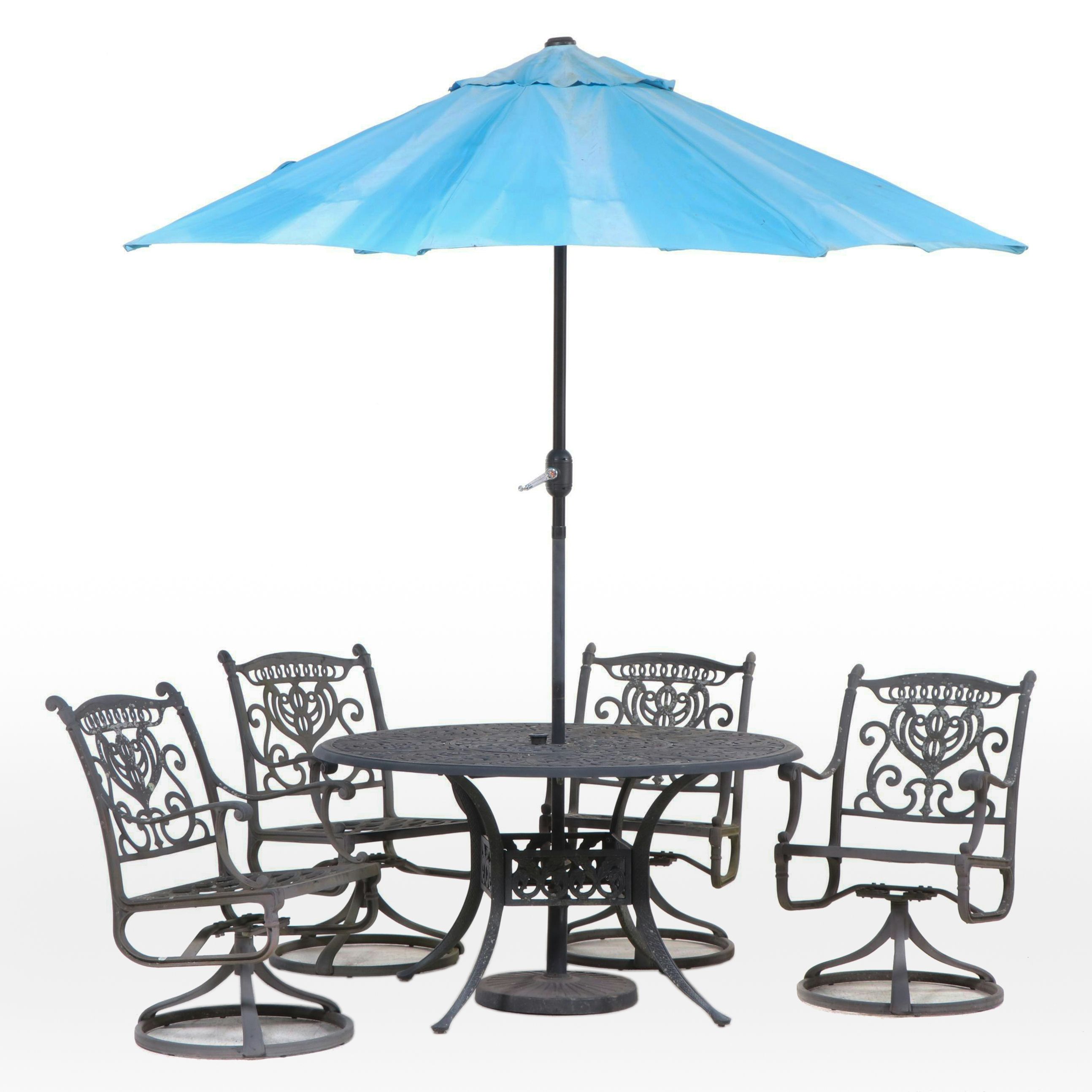 Hanamint "Grand Tuscany" Cast Metal Five-Piece Patio Dining Set with Umbrella