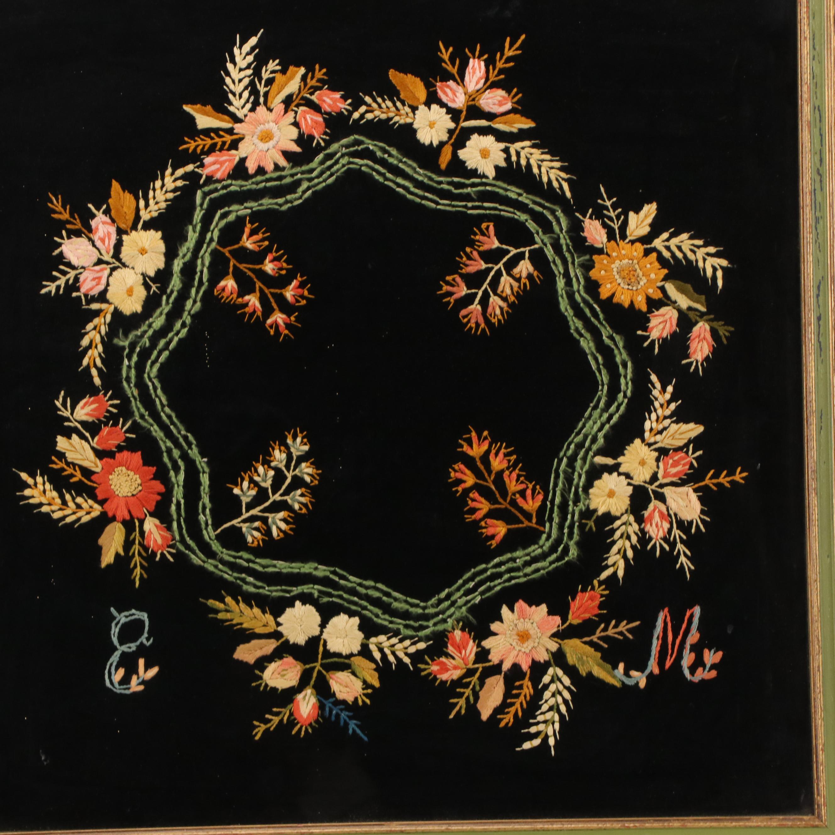 Floral Silk Embroidery on Velvet, Late 19th to Early 20th Century