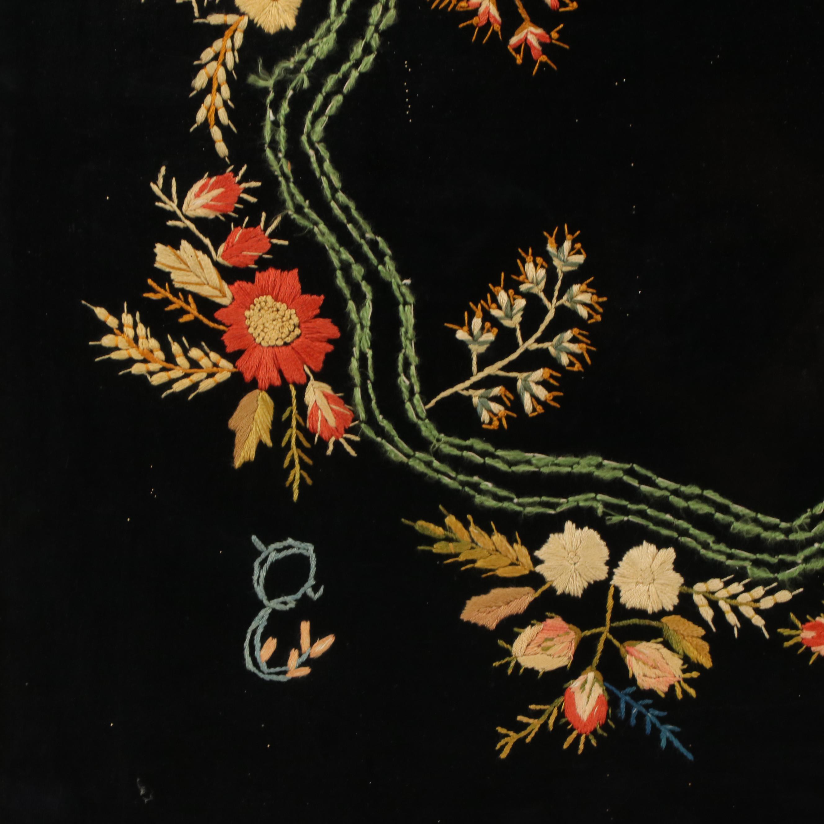 Floral Silk Embroidery on Velvet, Late 19th to Early 20th Century