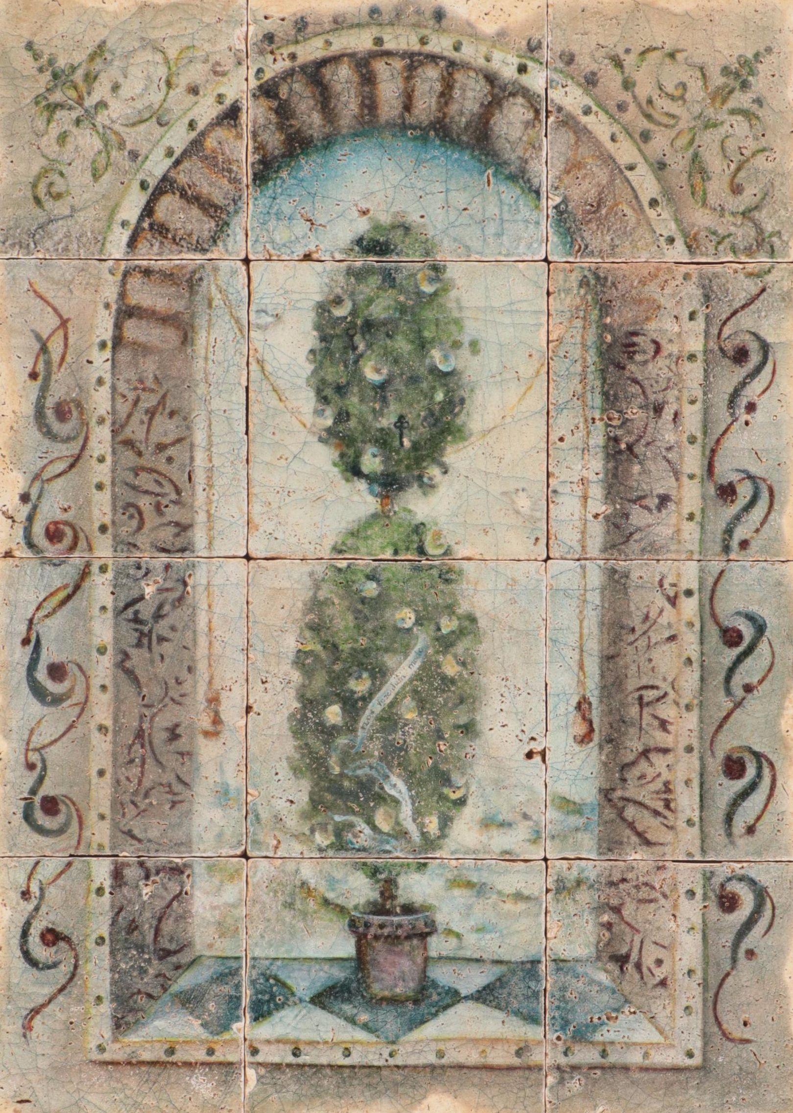 Studio Vertu "Topiary" Italianate Painted Faux Marble Tile Wall Hanging