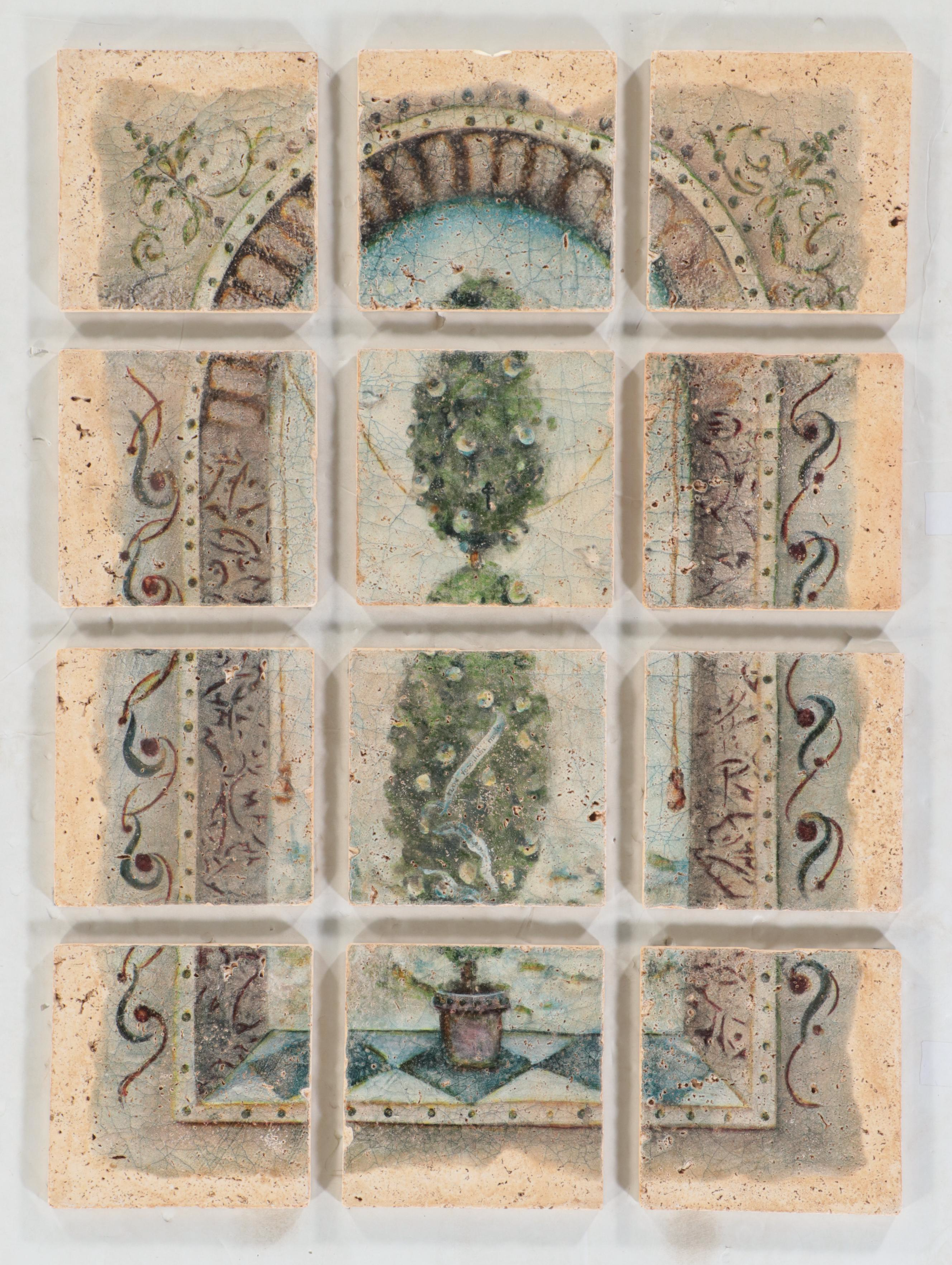 Studio Vertu "Topiary" Italianate Painted Faux Marble Tile Wall Hanging